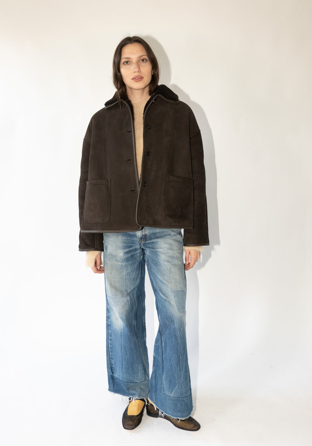 Cawley Suede and Curly Shearling Avis Jacket in Chocolate