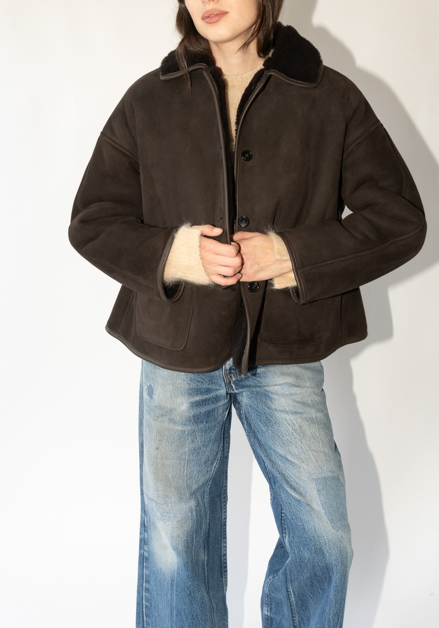 Cawley Suede and Curly Shearling Avis Jacket in Chocolate