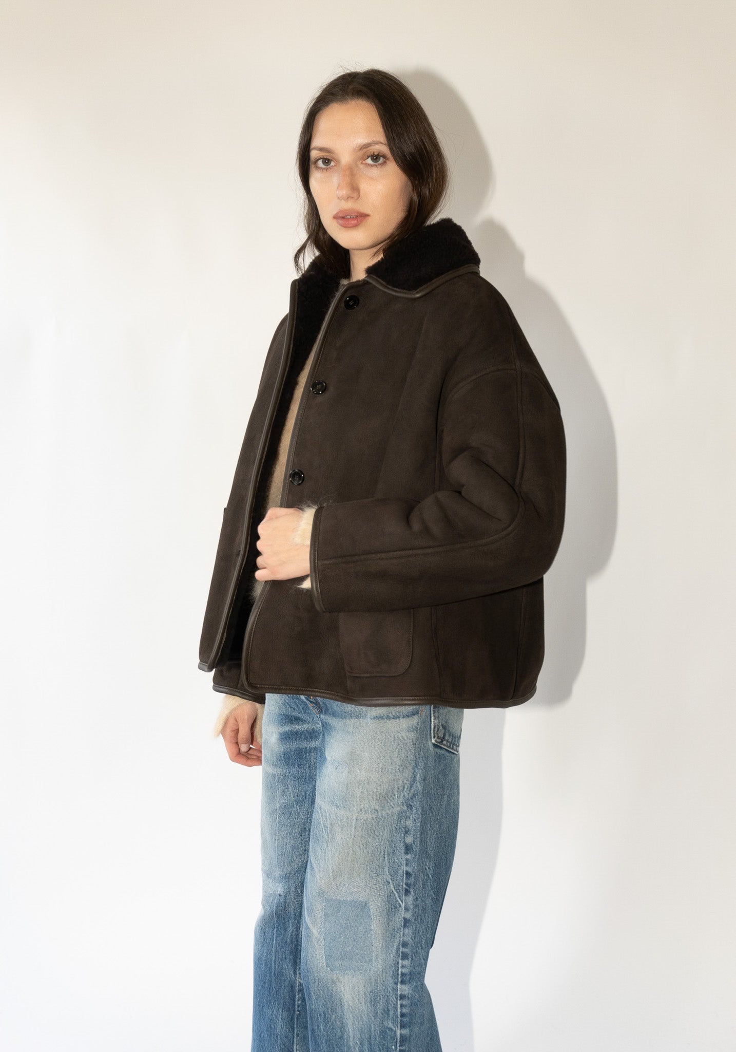 Cawley Suede and Curly Shearling Avis Jacket in Chocolate