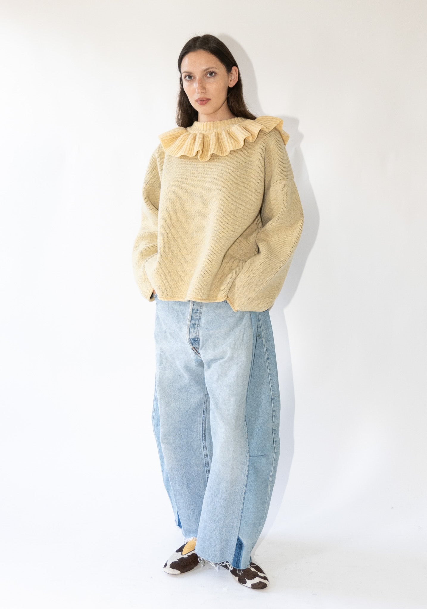 British Lambswool Ruffle Neck Pullover Sweater in Buttermilk