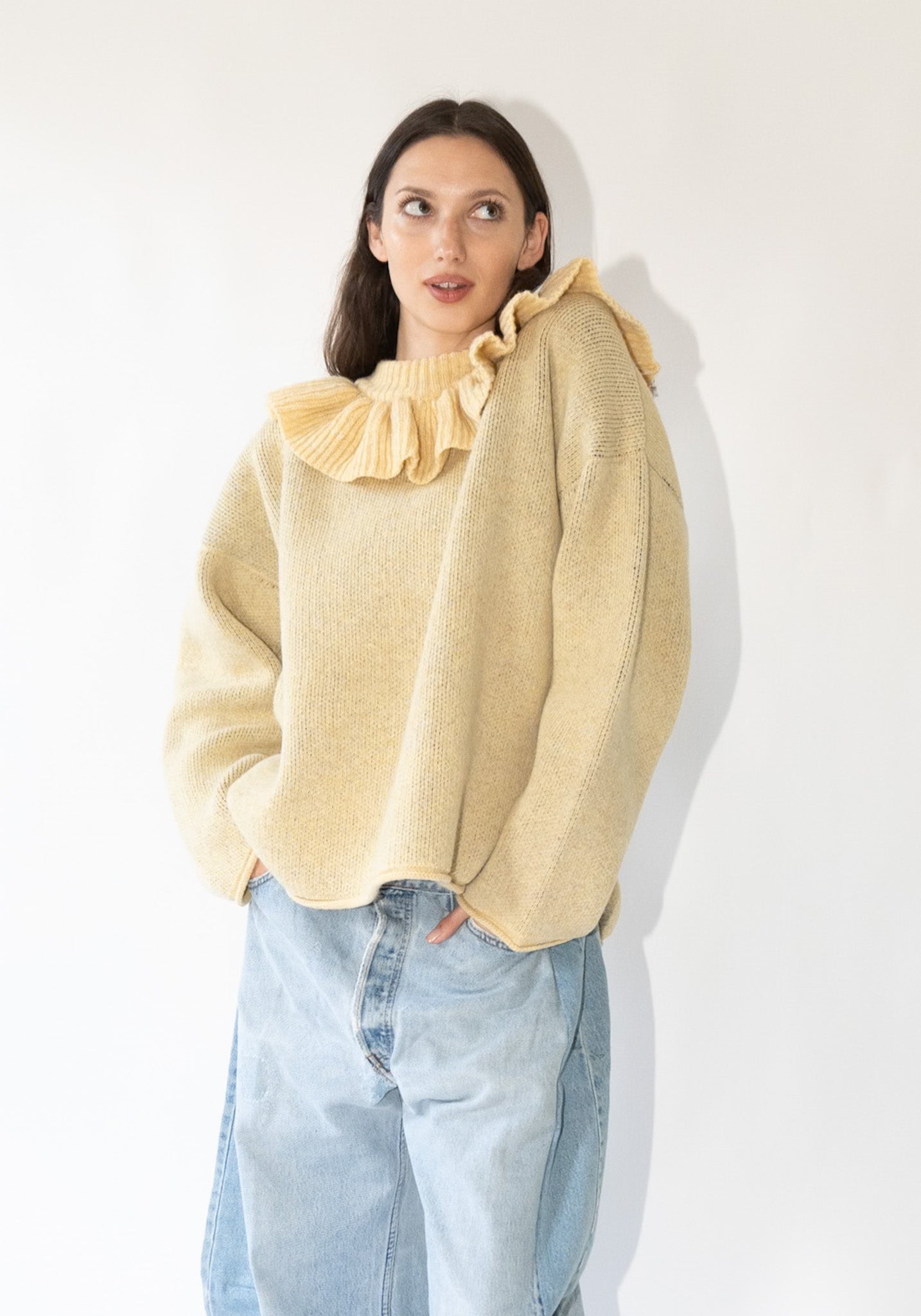 British Lambswool Ruffle Neck Pullover Sweater in Buttermilk