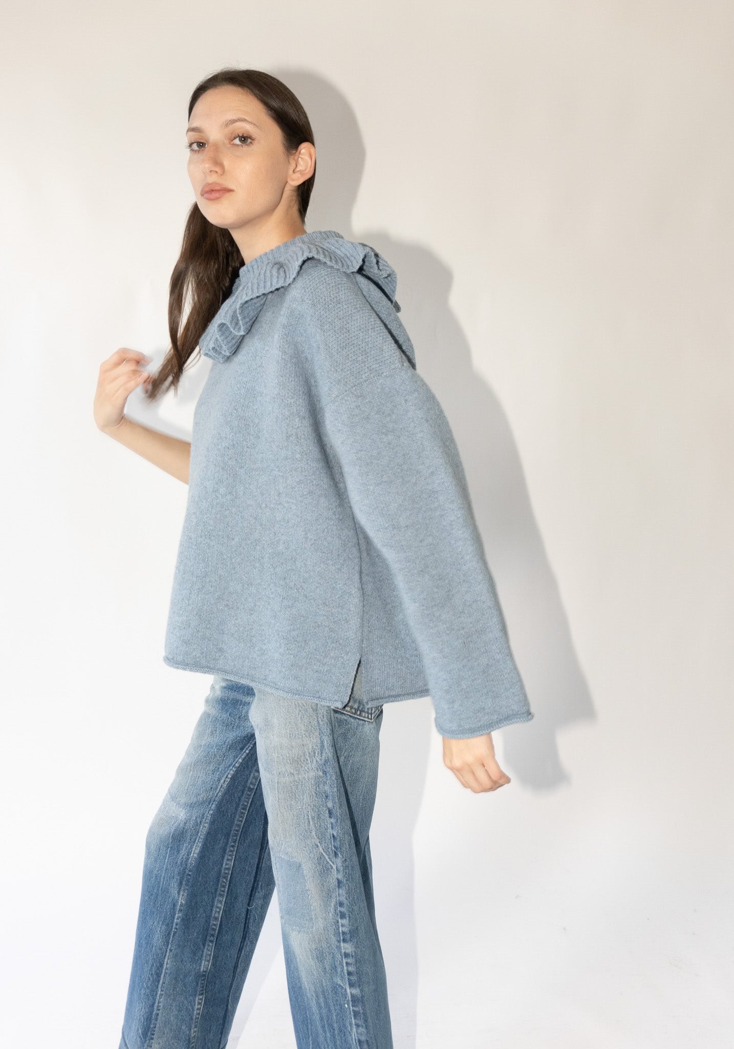 British Lambswool Ruffle Neck Pullover Sweater in Glacier