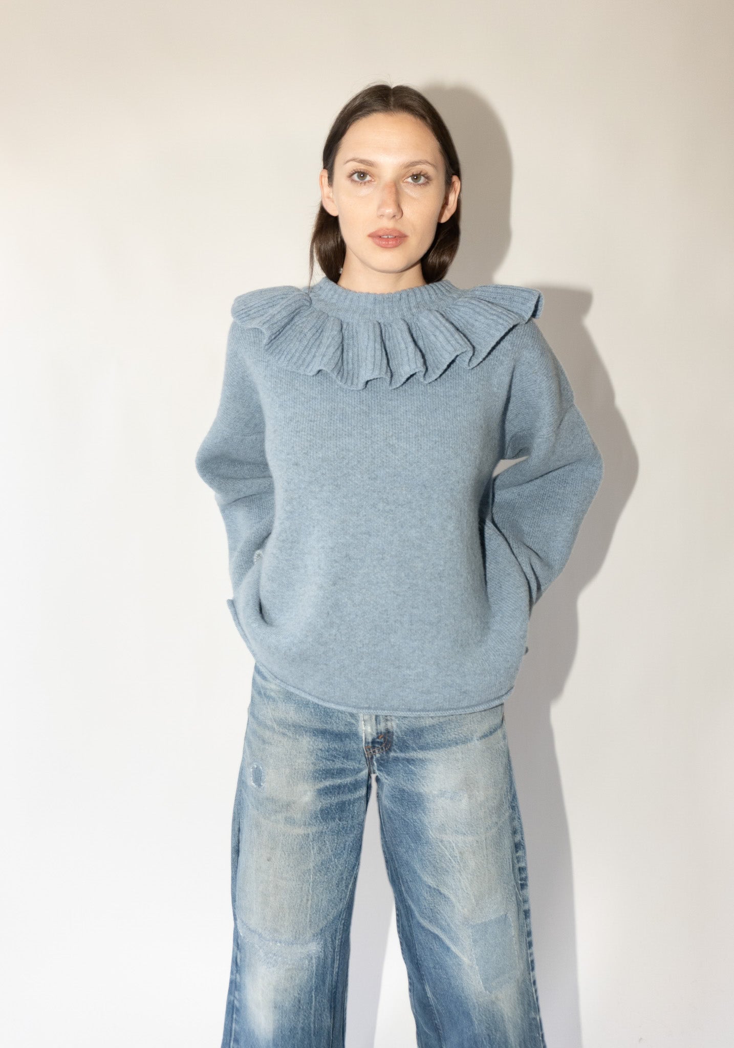 British Lambswool Ruffle Neck Pullover Sweater in Glacier