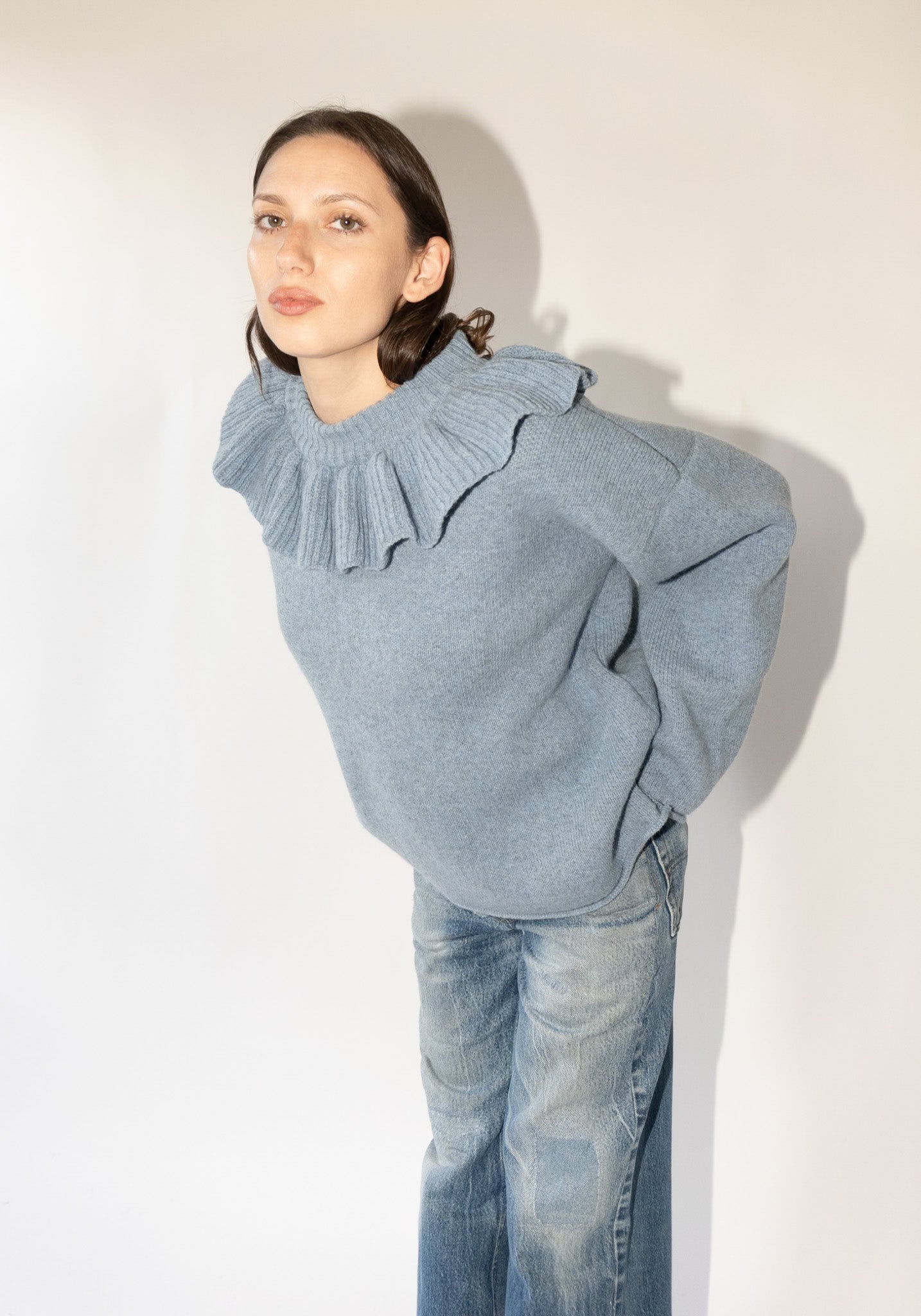 British Lambswool Ruffle Neck Pullover Sweater in Glacier