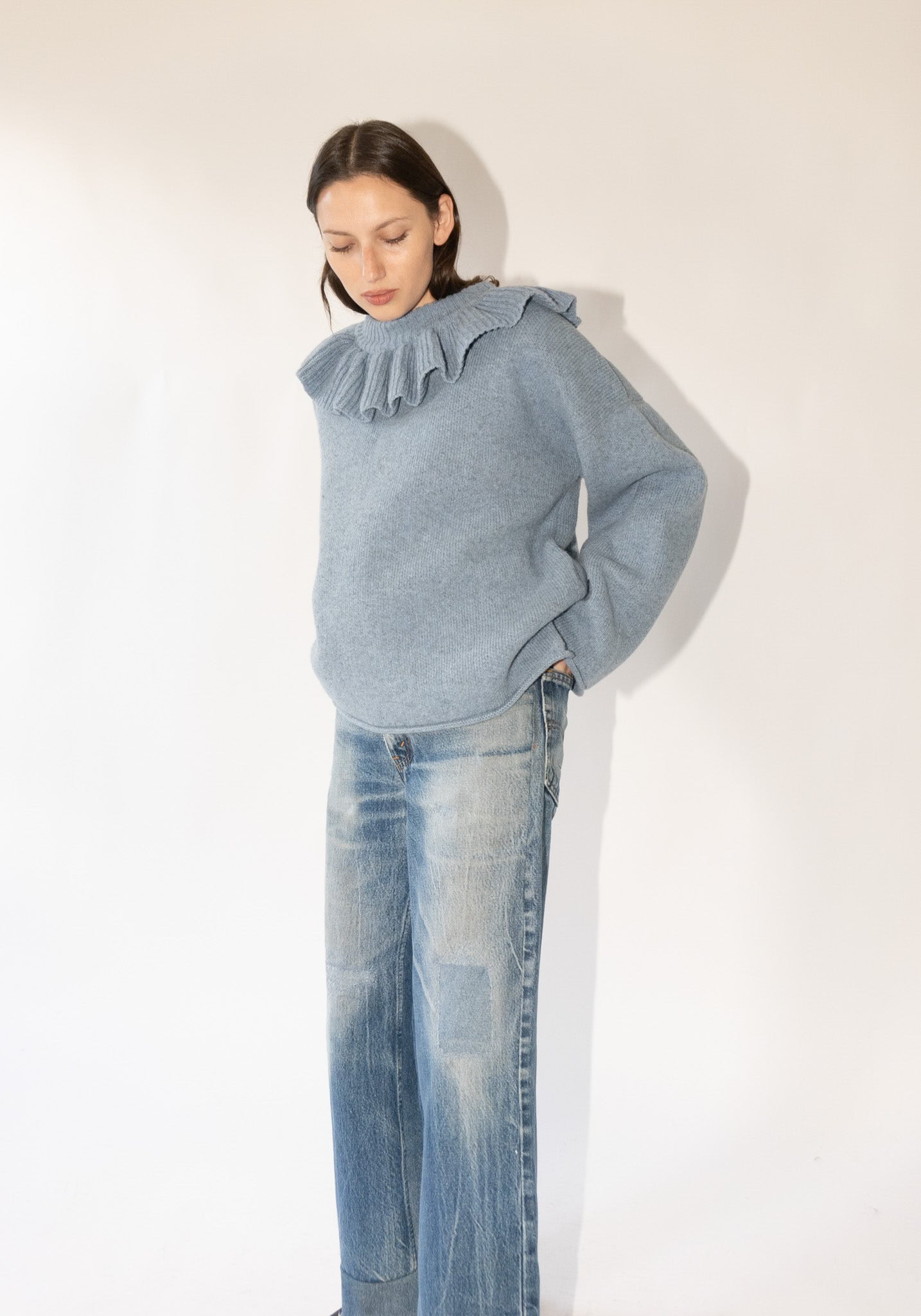 British Lambswool Ruffle Neck Pullover Sweater in Glacier