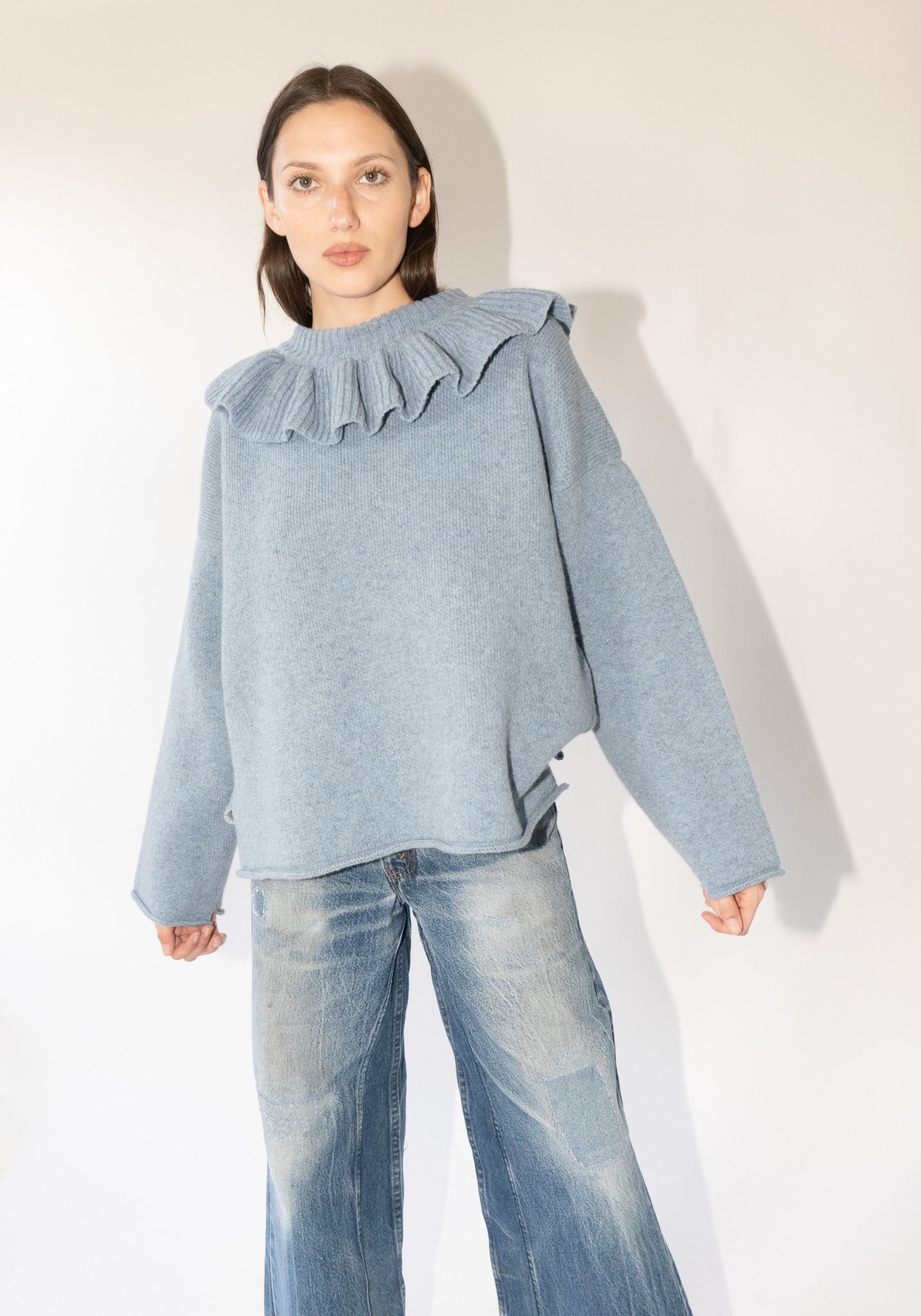 British Lambswool Ruffle Neck Pullover Sweater in Glacier