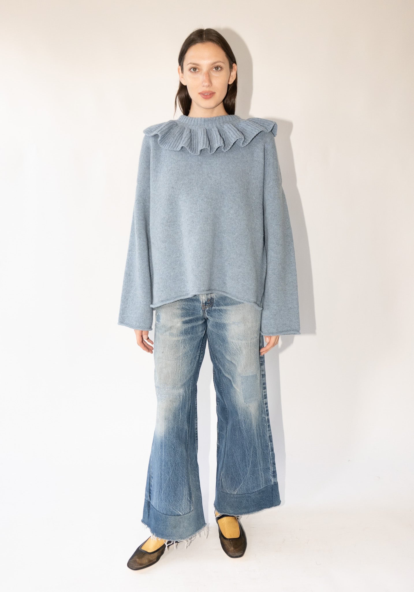 British Lambswool Ruffle Neck Pullover Sweater in Glacier