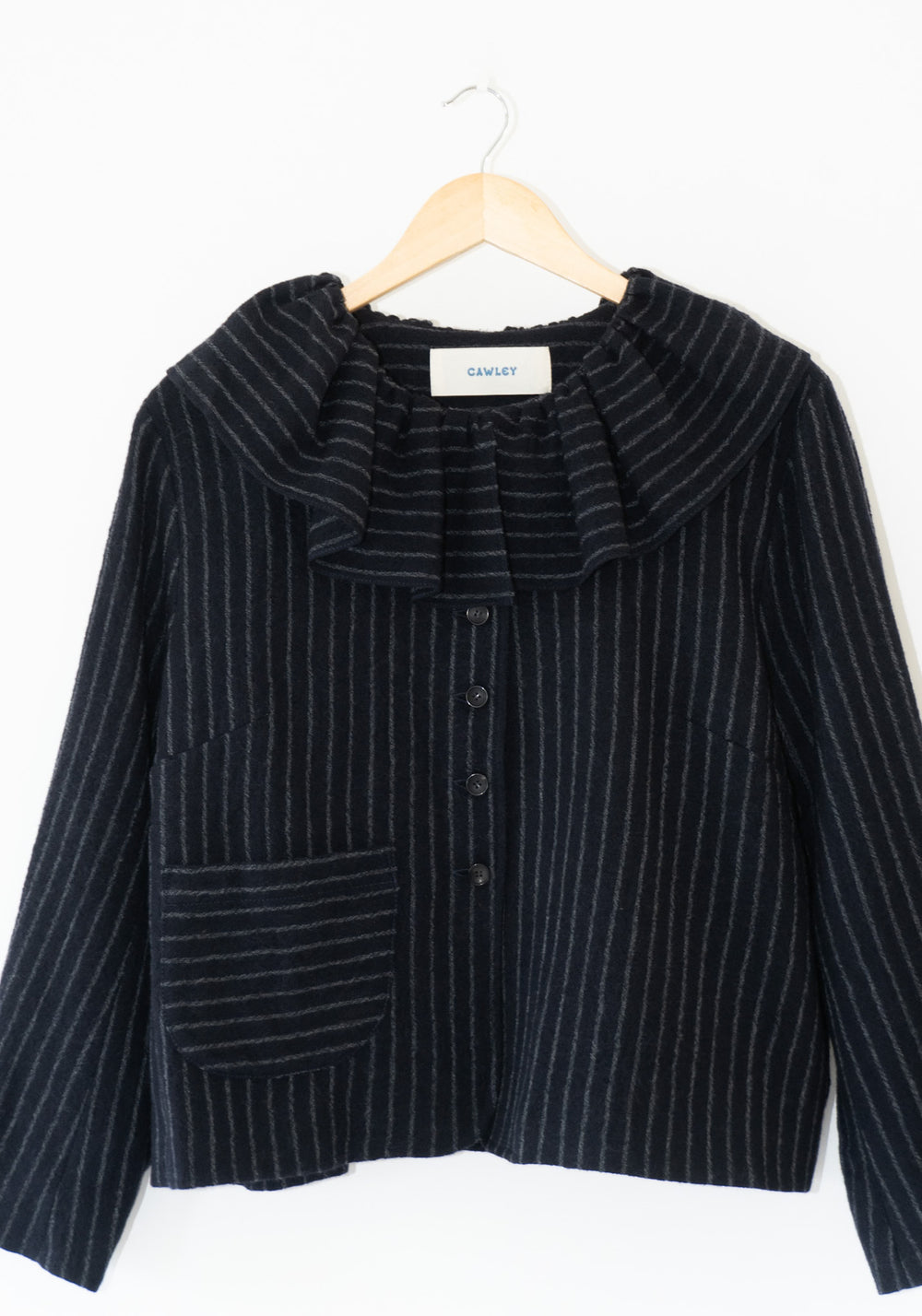 Japanese Striped Boucle Ruffle Lillie Jacket in Navy and Grey