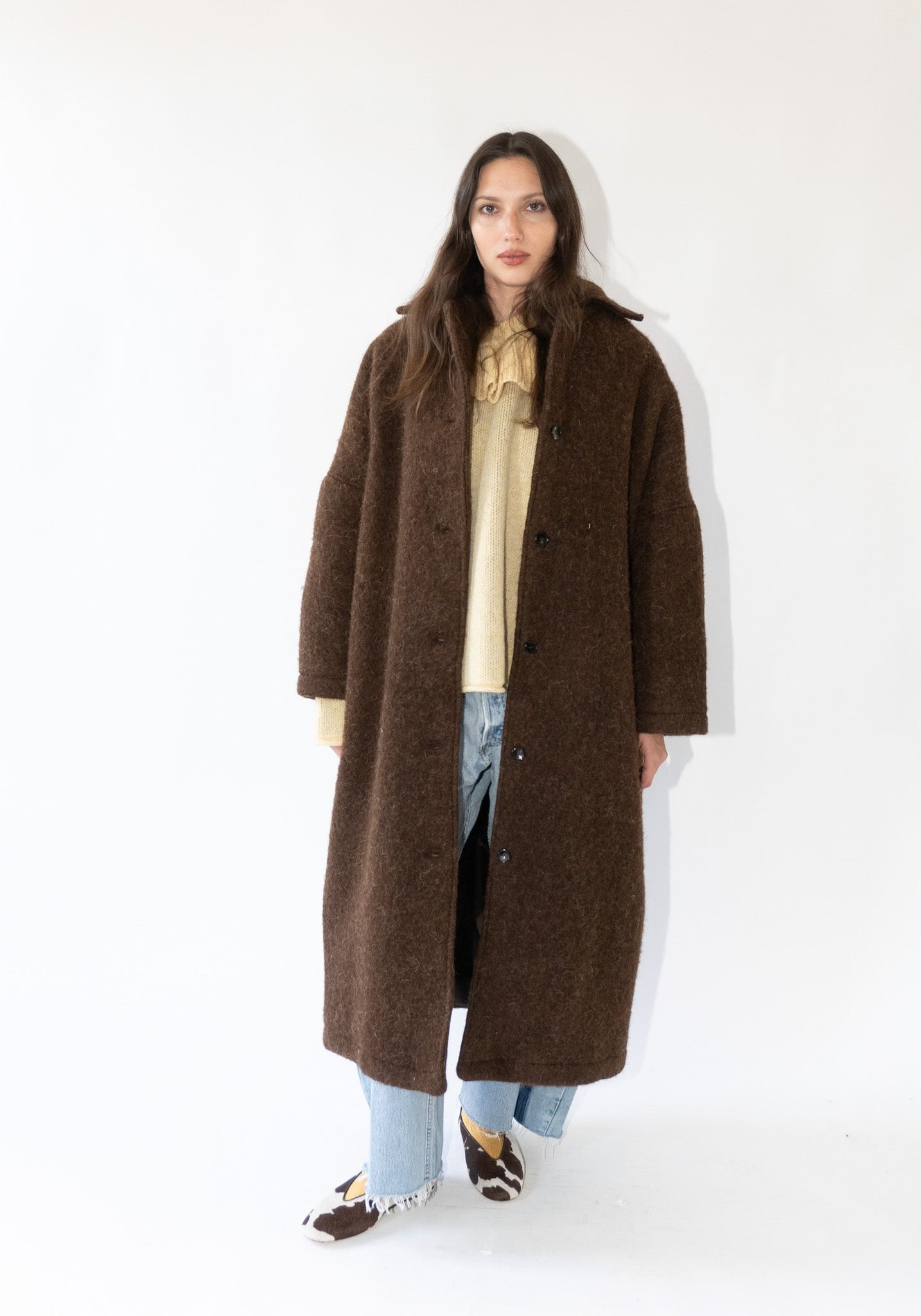 Portuguese Long Hair Wool Faro Coat in Chocolate