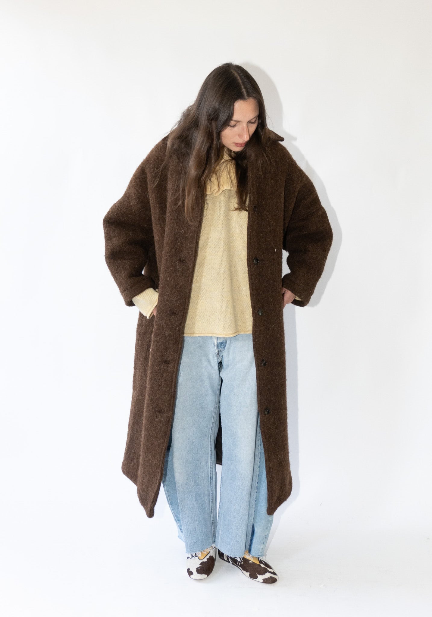 Portuguese Long Hair Wool Faro Coat in Chocolate