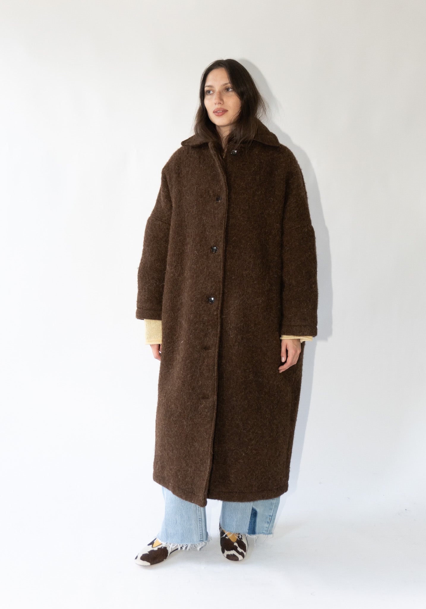 Portuguese Long Hair Wool Faro Coat in Chocolate