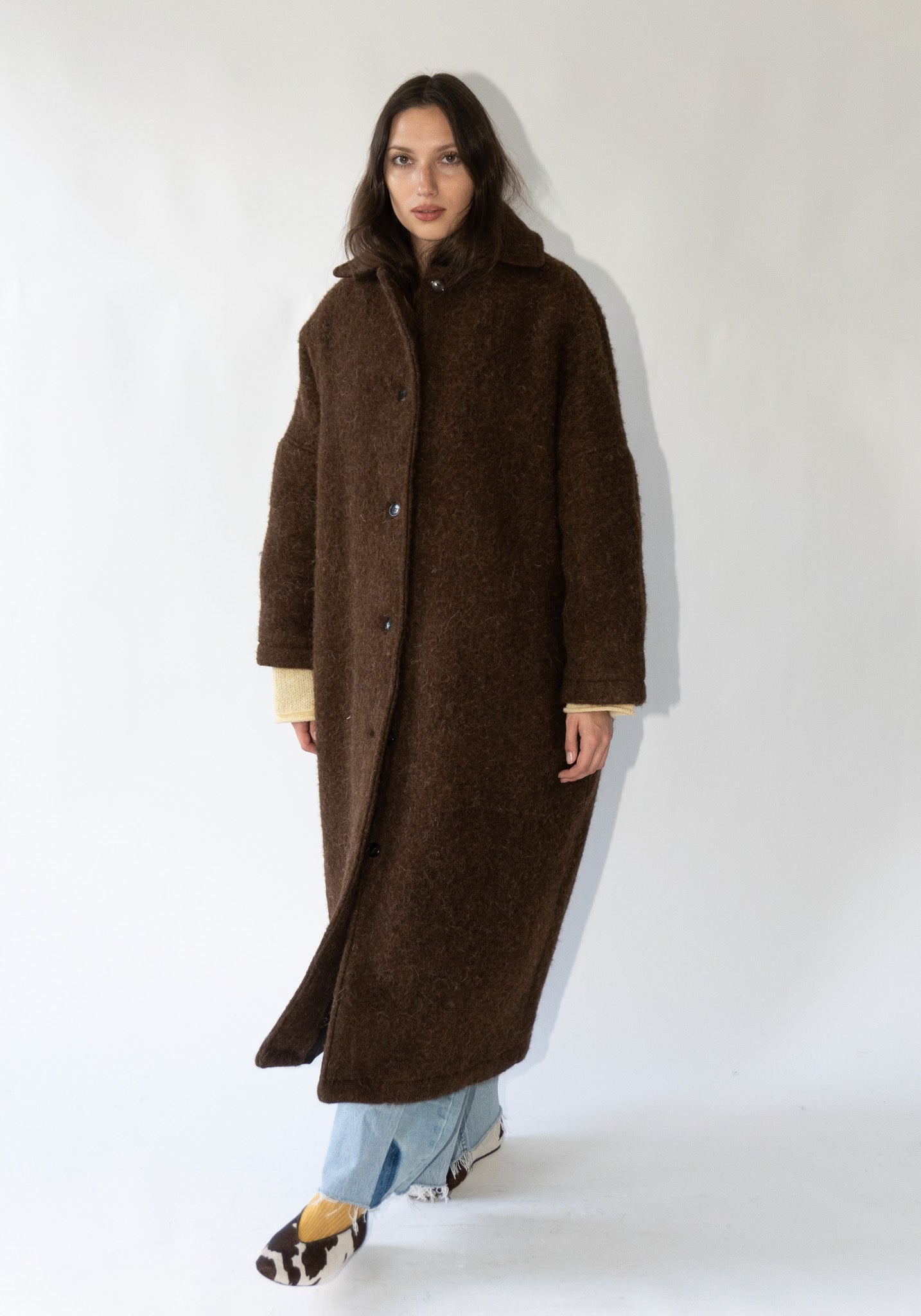 Portuguese Long Hair Wool Faro Coat in Chocolate