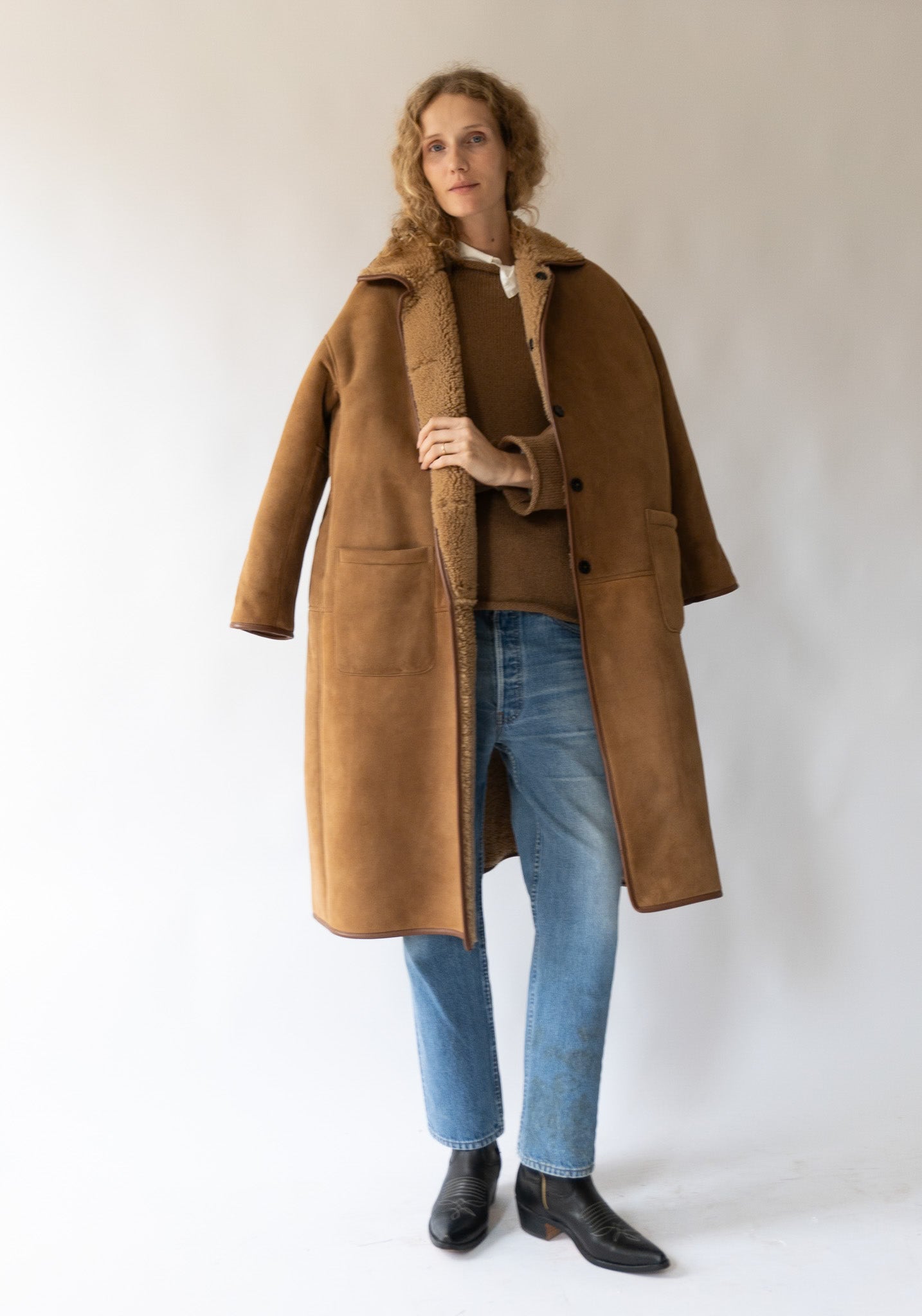 Sheepskin + Suede Curly Hair Roo Coat in Tan