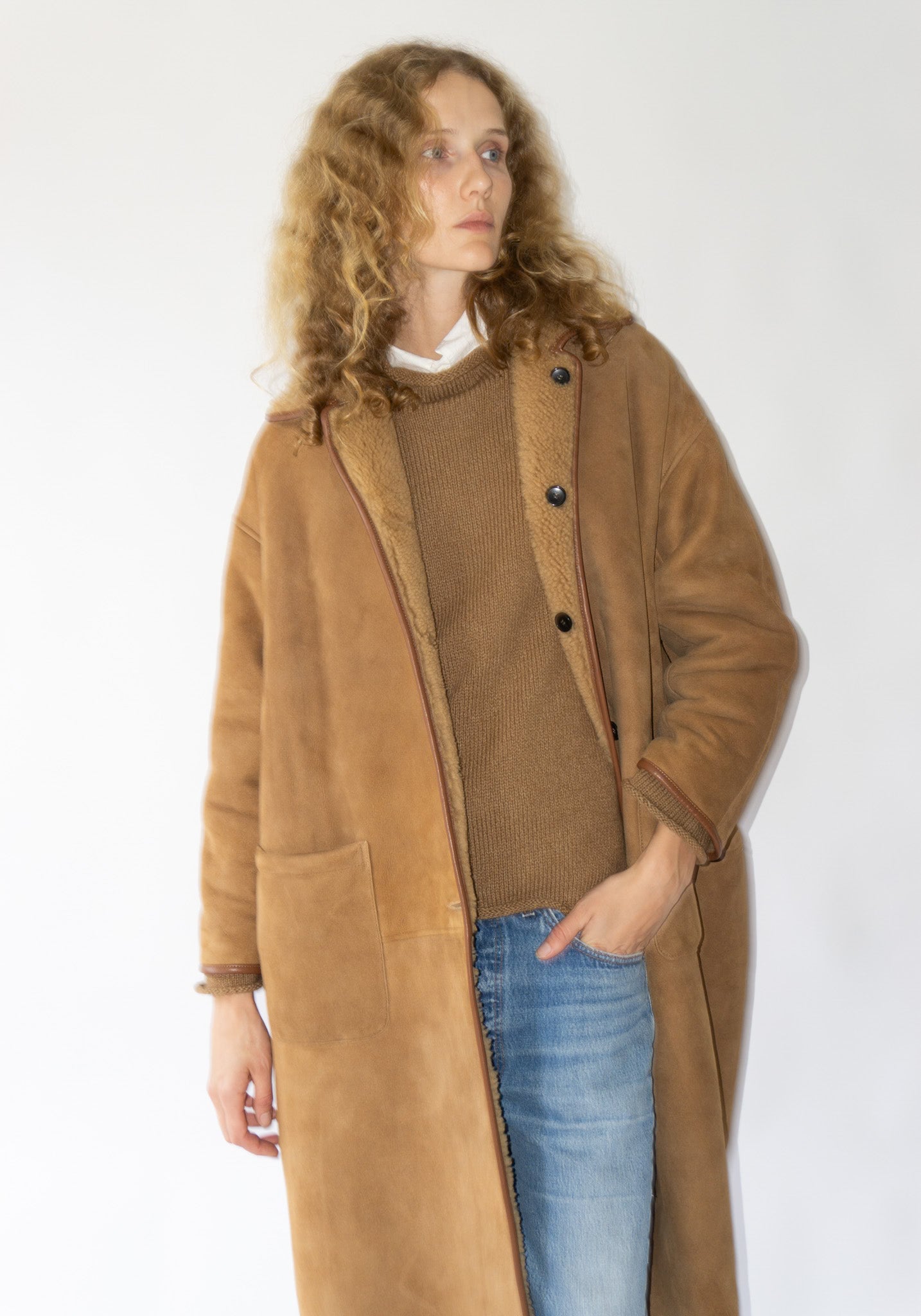 Sheepskin + Suede Curly Hair Roo Coat in Tan