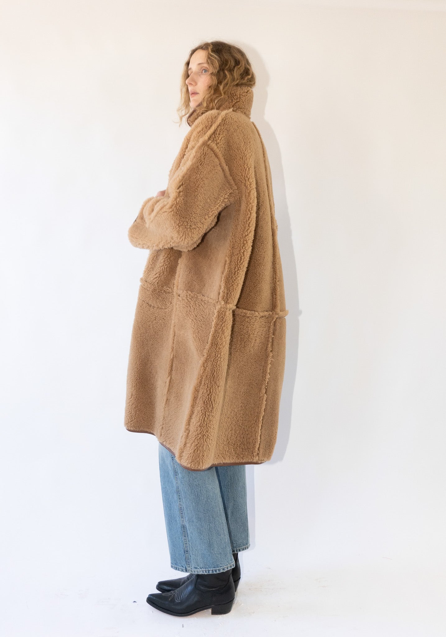 Sheepskin + Suede Curly Hair Roo Coat in Tan