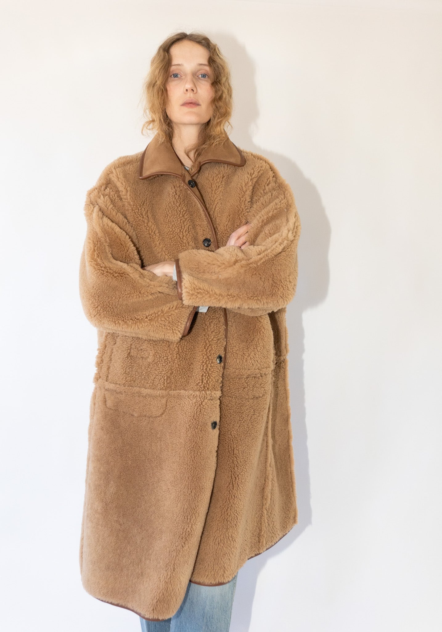 Sheepskin + Suede Curly Hair Roo Coat in Tan