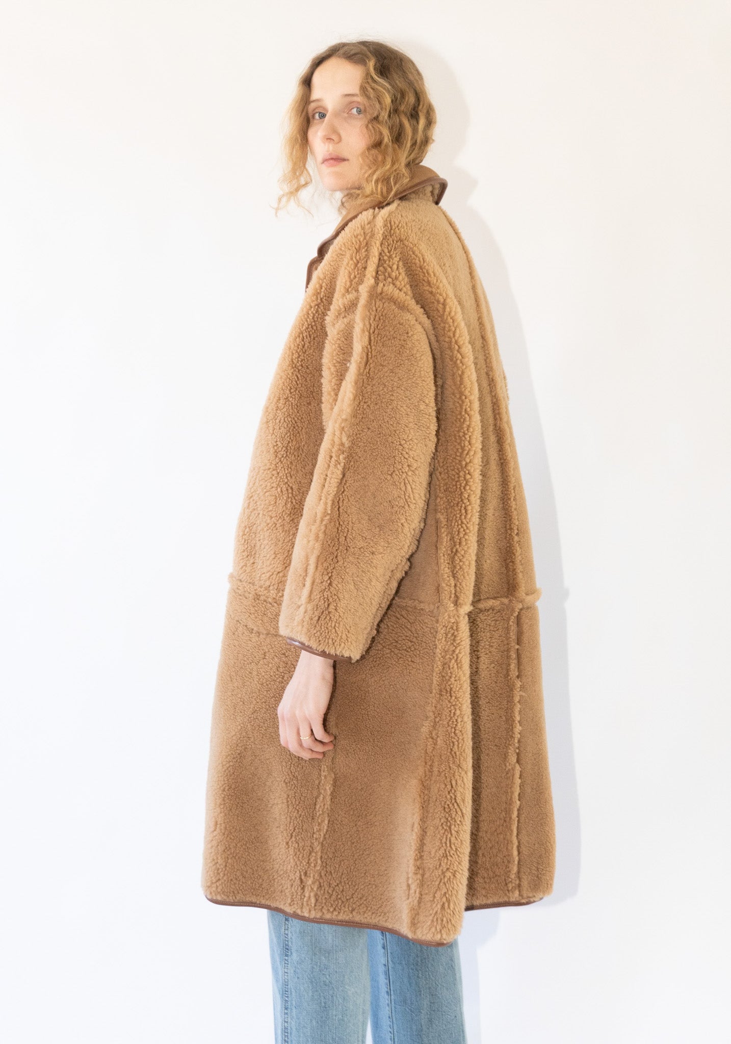 Sheepskin + Suede Curly Hair Roo Coat in Tan