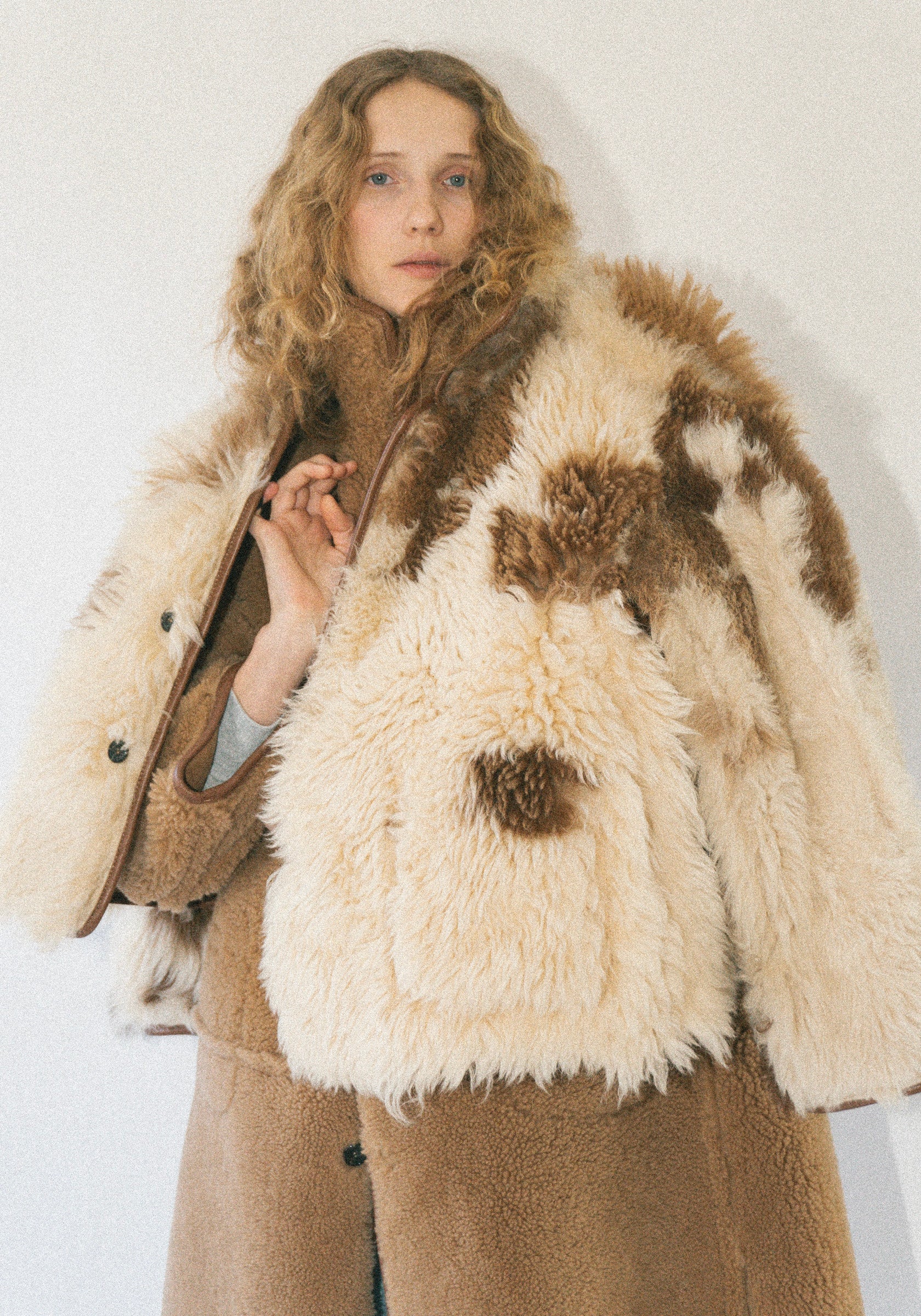 Sheepskin + Suede Curly Hair Roo Coat in Tan