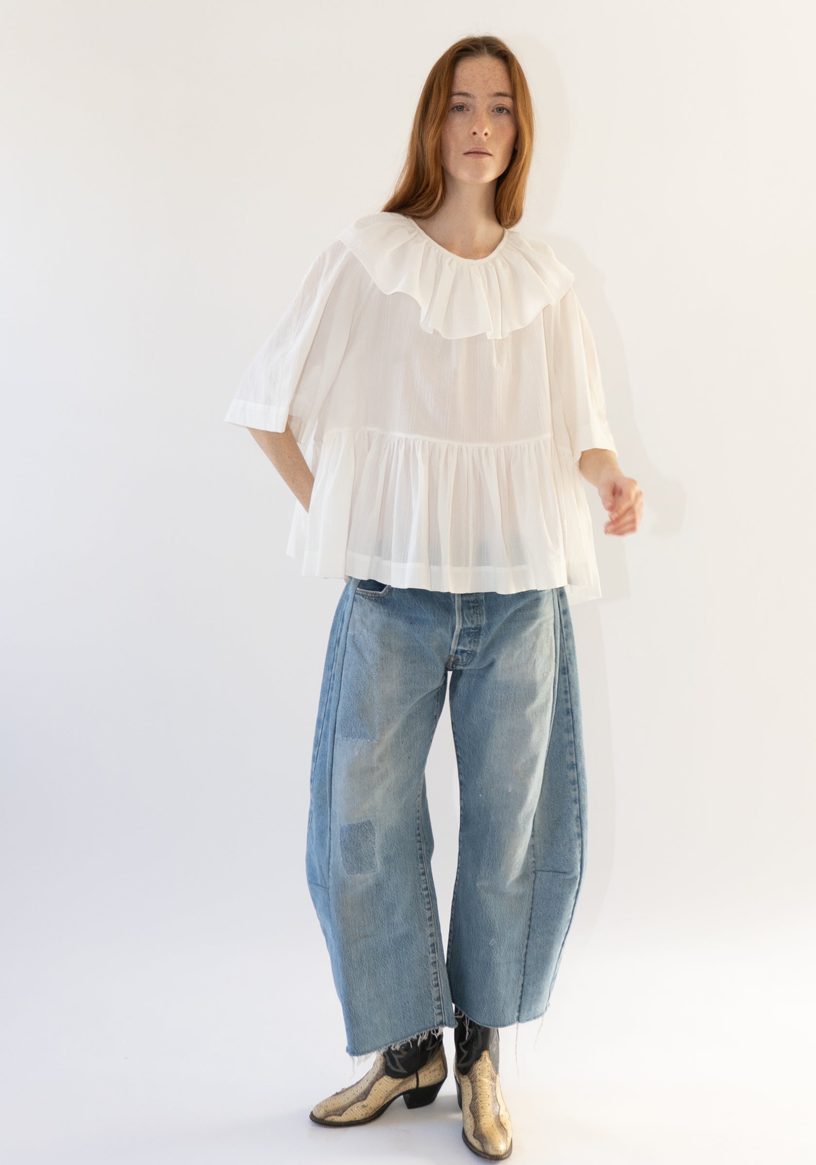 Cawley Japanese Washed Dobby Chambray Delilah Top in White