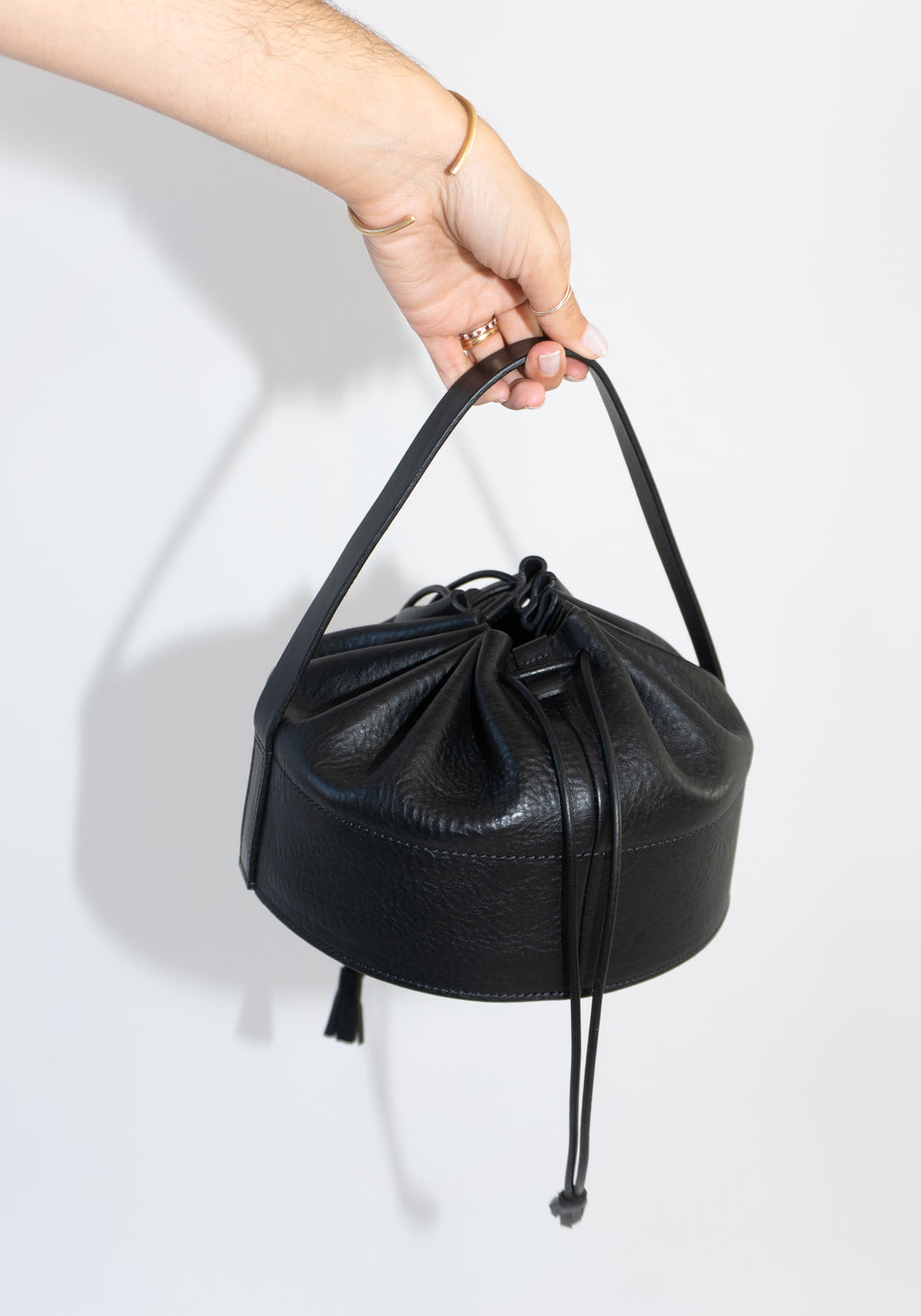 Cawley Leather Drawstring Collar Bag in Black