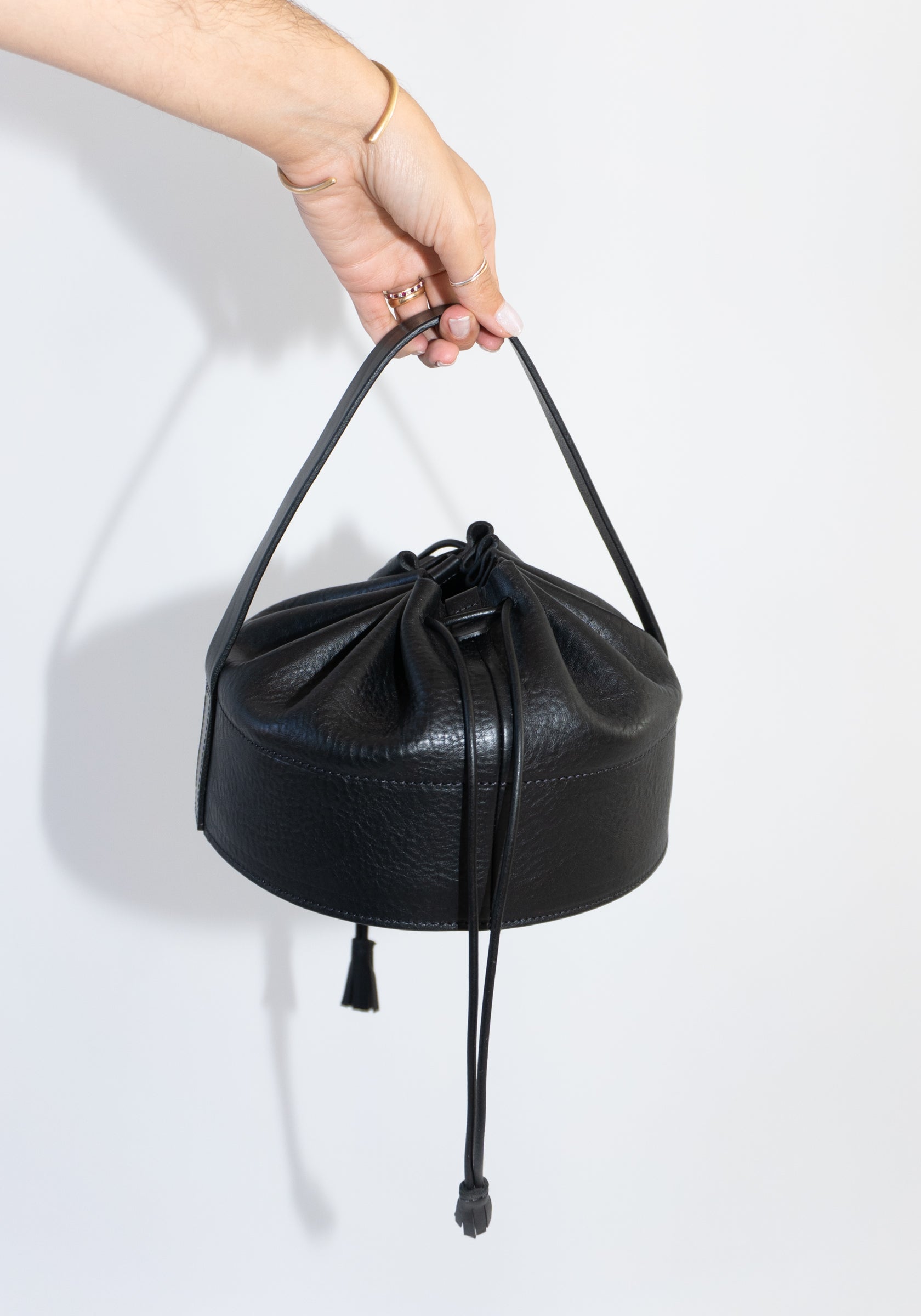 Cawley Leather Drawstring Collar Bag in Black