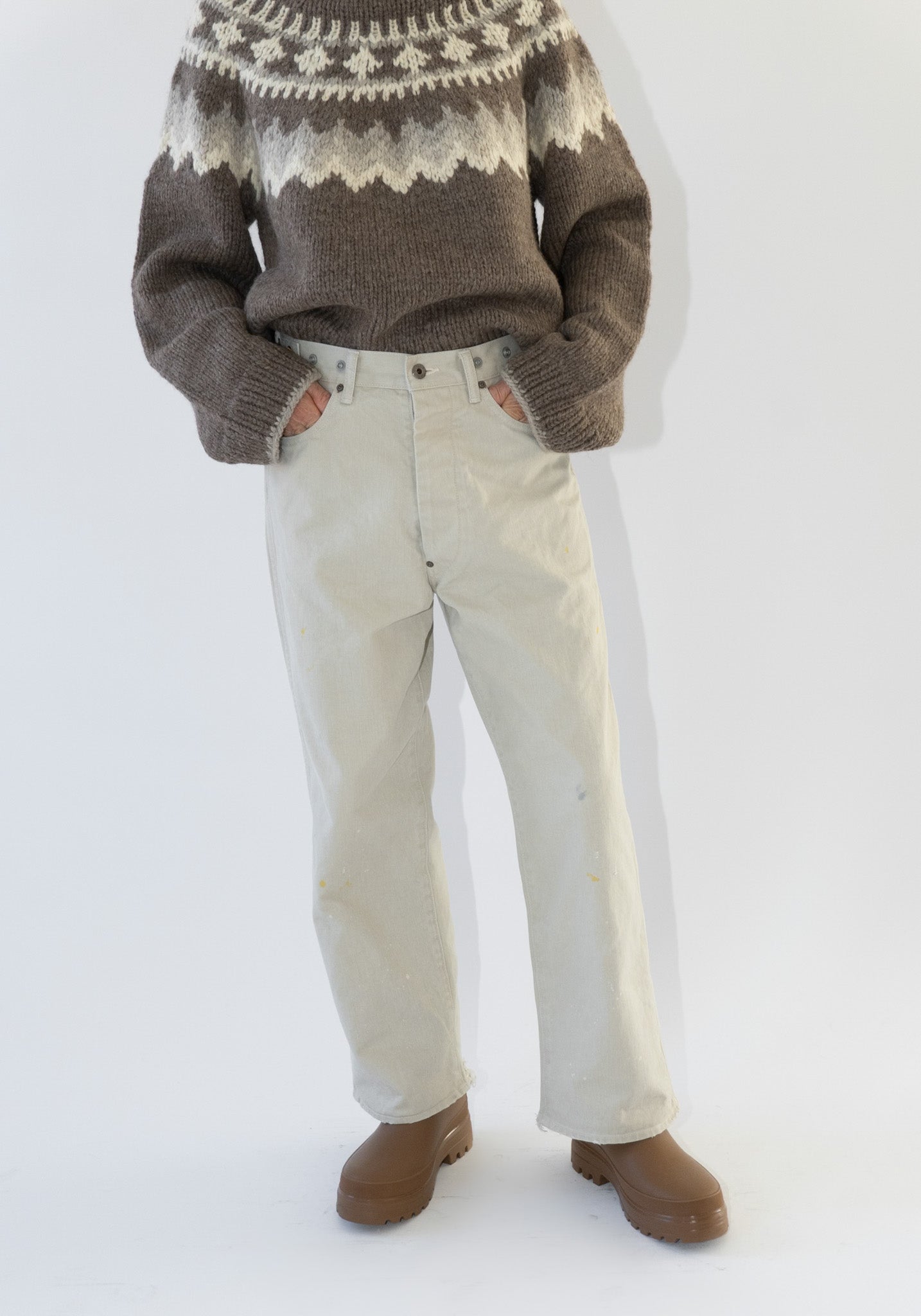 Unisex Adjustable Waist Denim Pants in Ivory