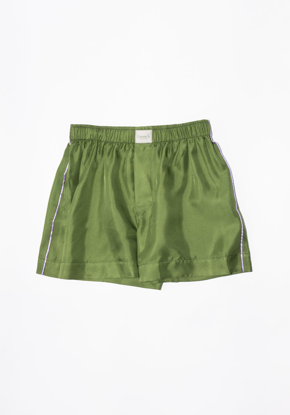 Silk Twill Boxer Classica Short in Olive with Lilac Piping
