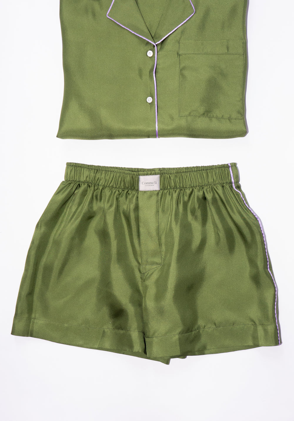 Silk Twill Boxer Classica Short in Olive with Lilac Piping