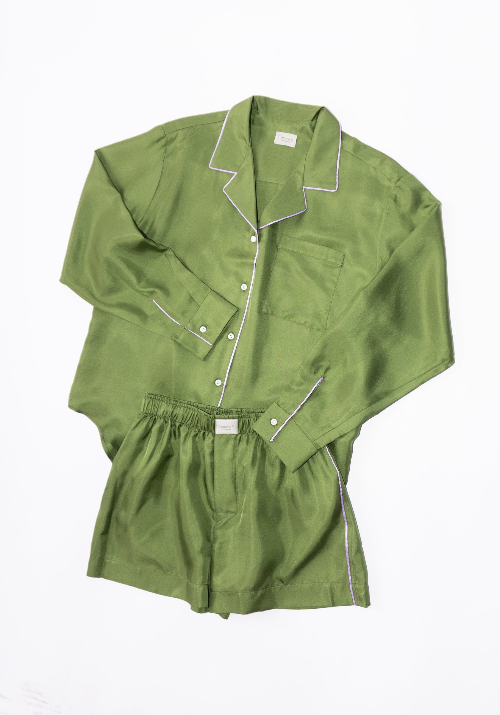 Silk Twill Notched Collar Shirt in Olive/Lilac