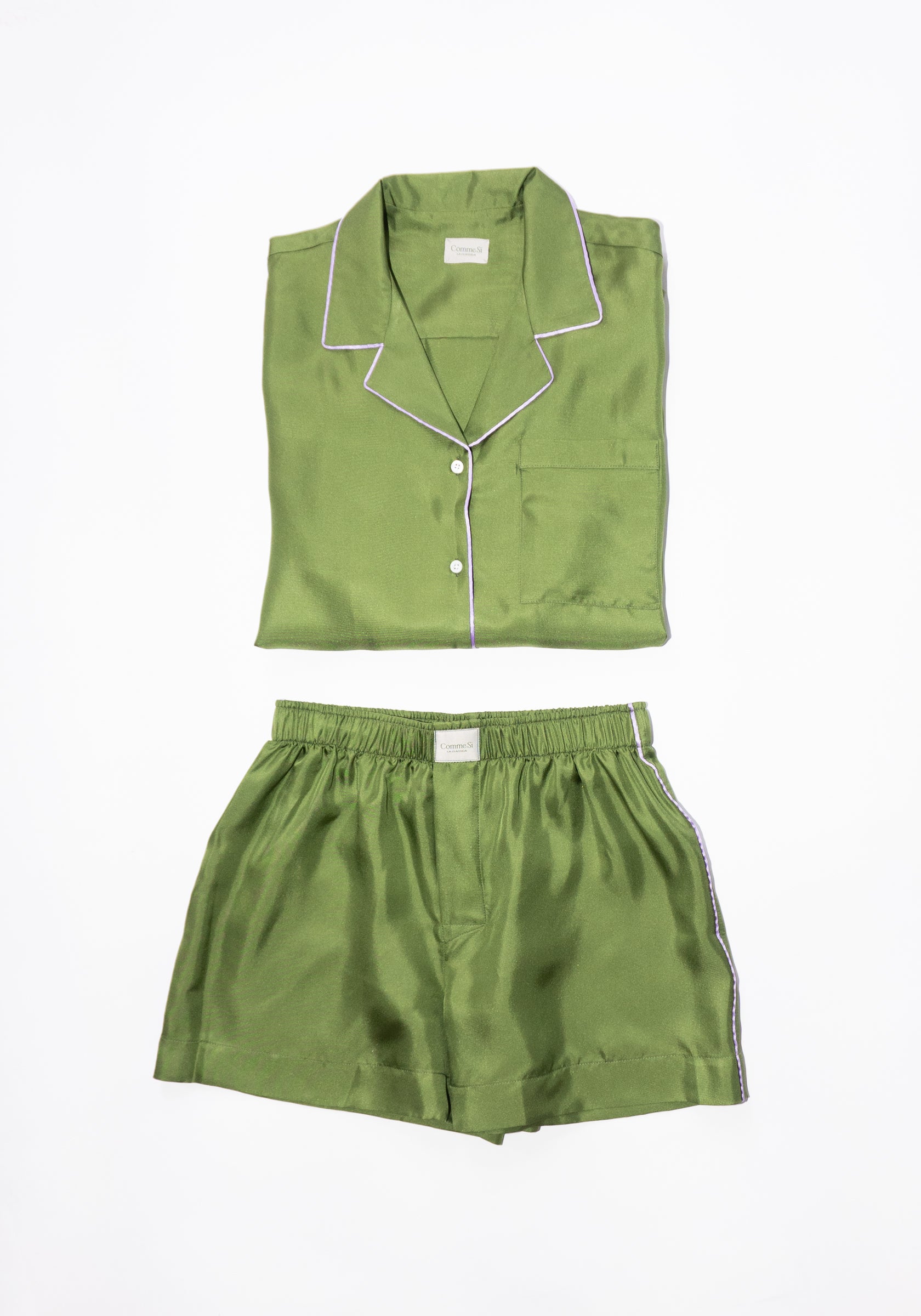 Silk Twill Notched Collar Shirt in Olive/Lilac