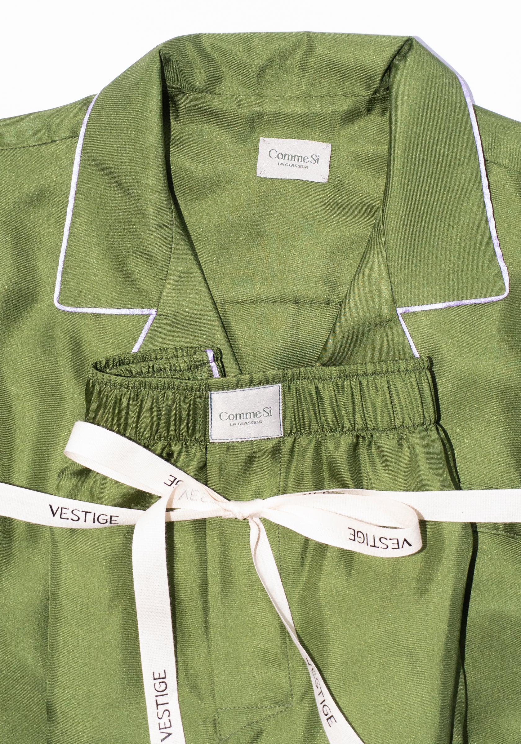 Silk Twill Notched Collar Shirt in Olive/Lilac