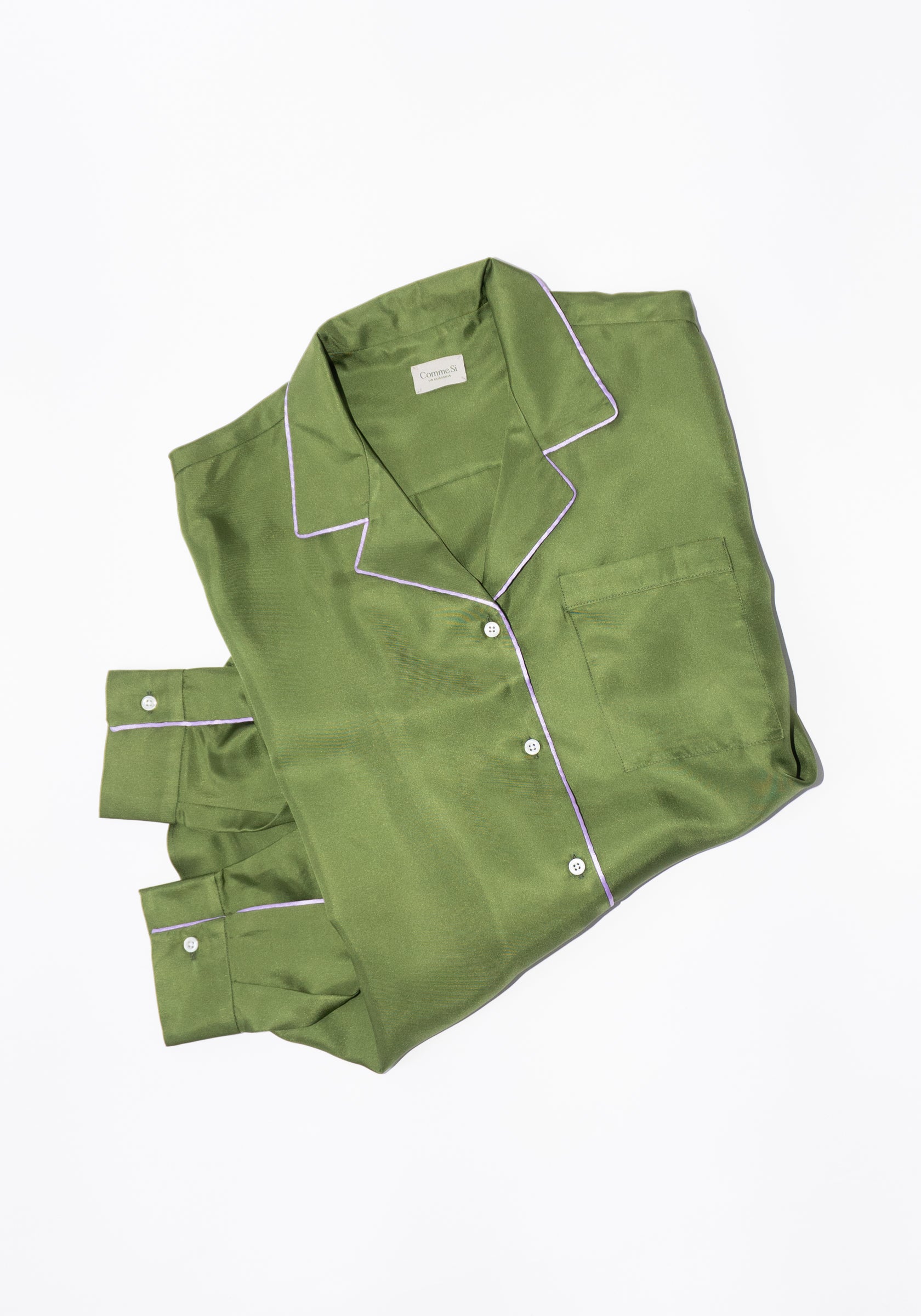 Silk Twill Notched Collar Shirt in Olive/Lilac
