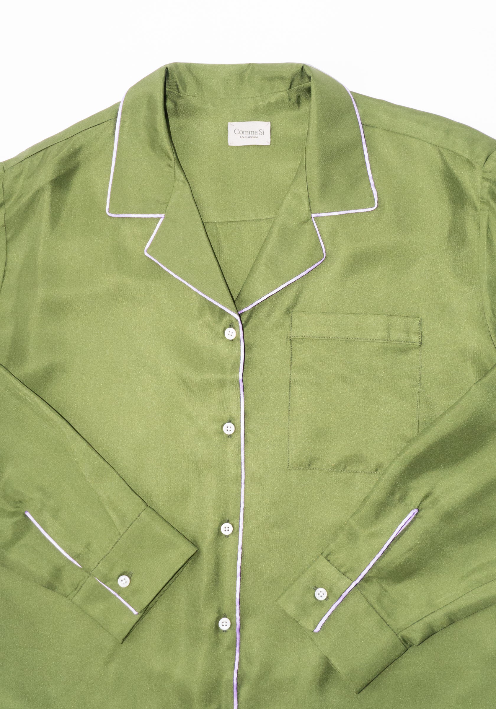 Silk Twill Notched Collar Shirt in Olive/Lilac