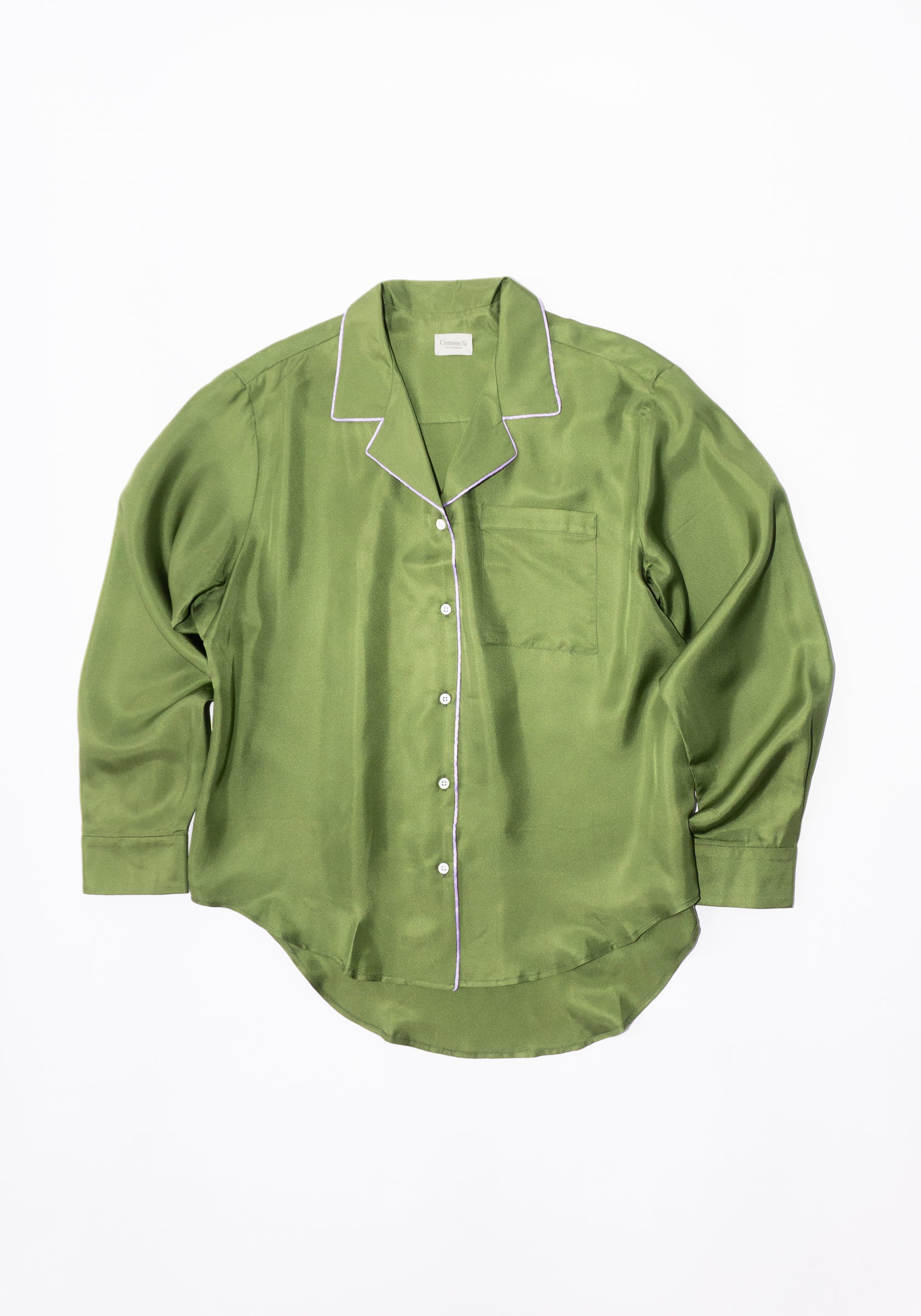 Silk Twill Notched Collar Shirt in Olive/Lilac