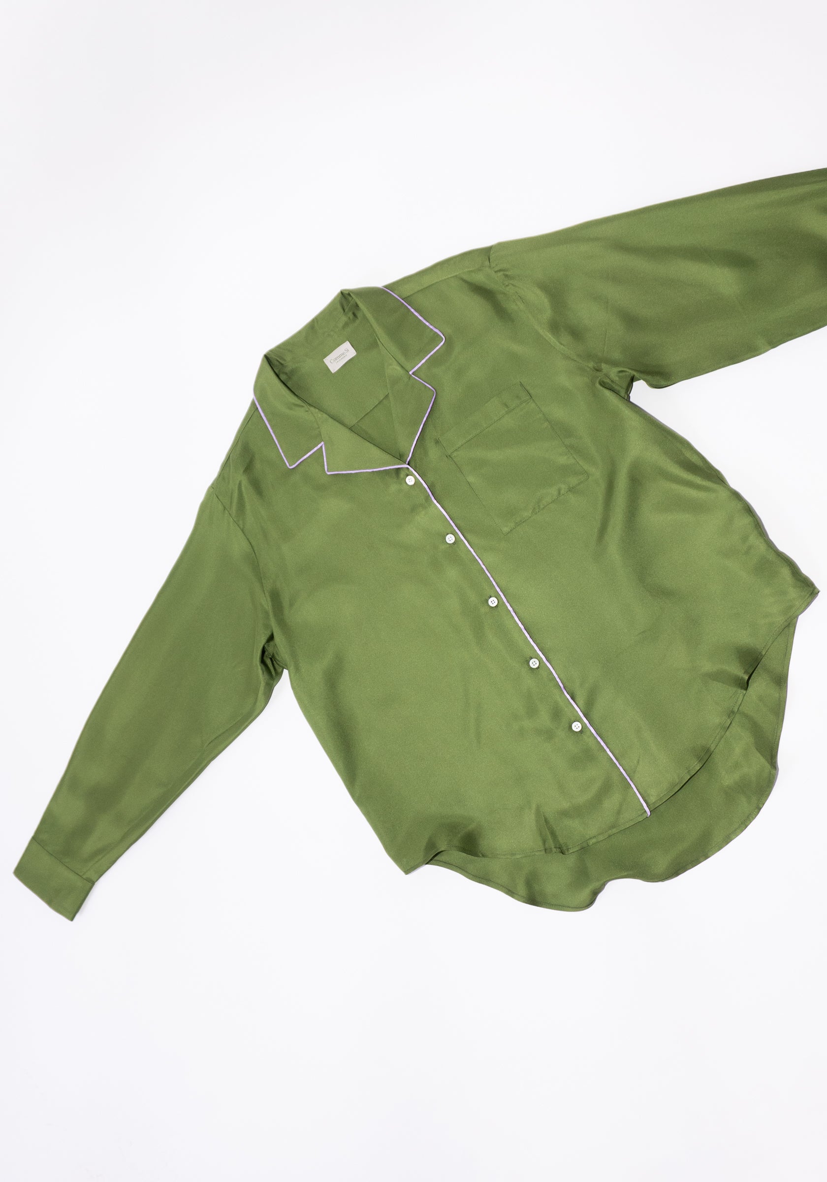 Silk Twill Notched Collar Shirt in Olive/Lilac