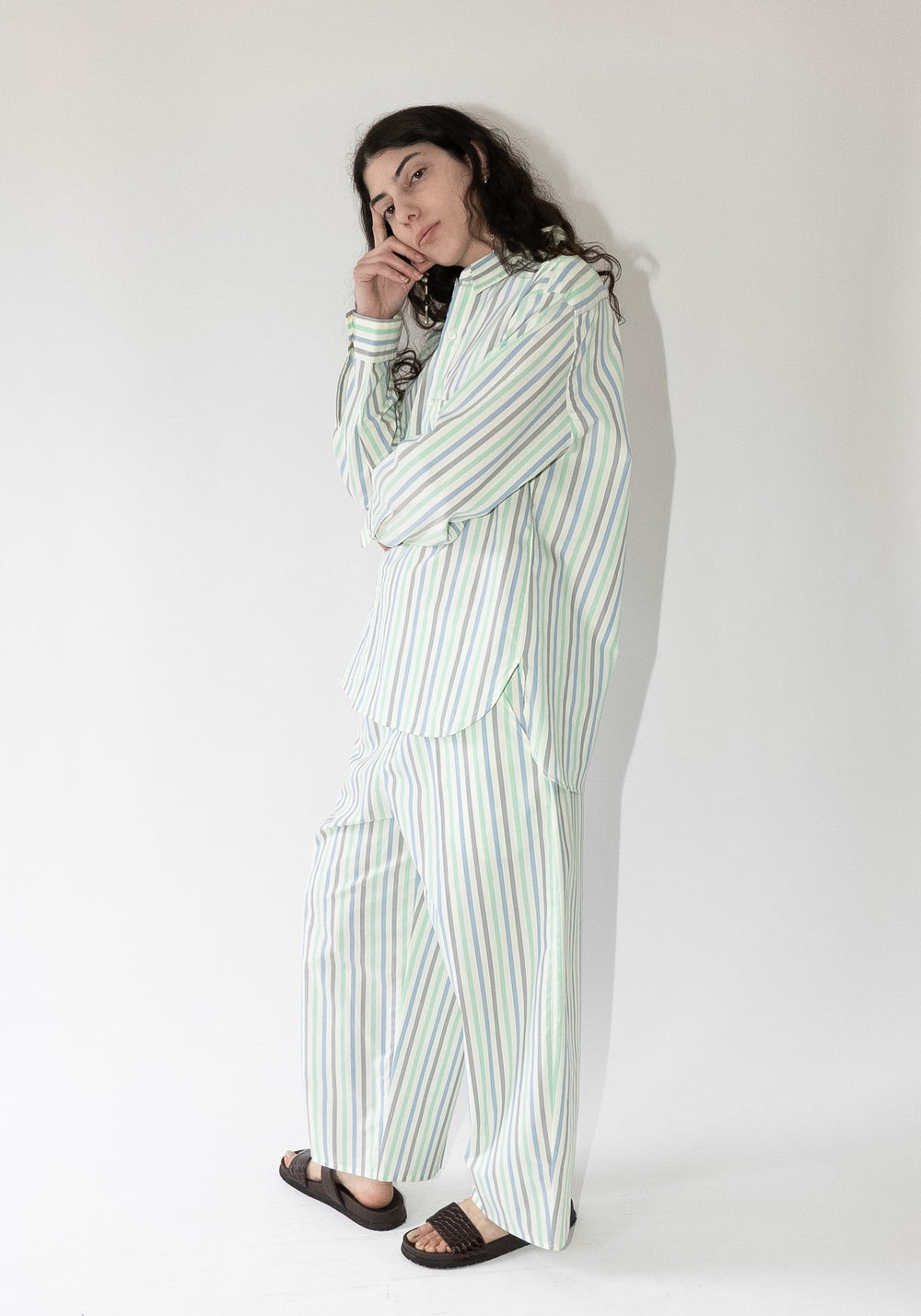 Cristaseya Oversized Pajama Pants in Striped Pastel Green