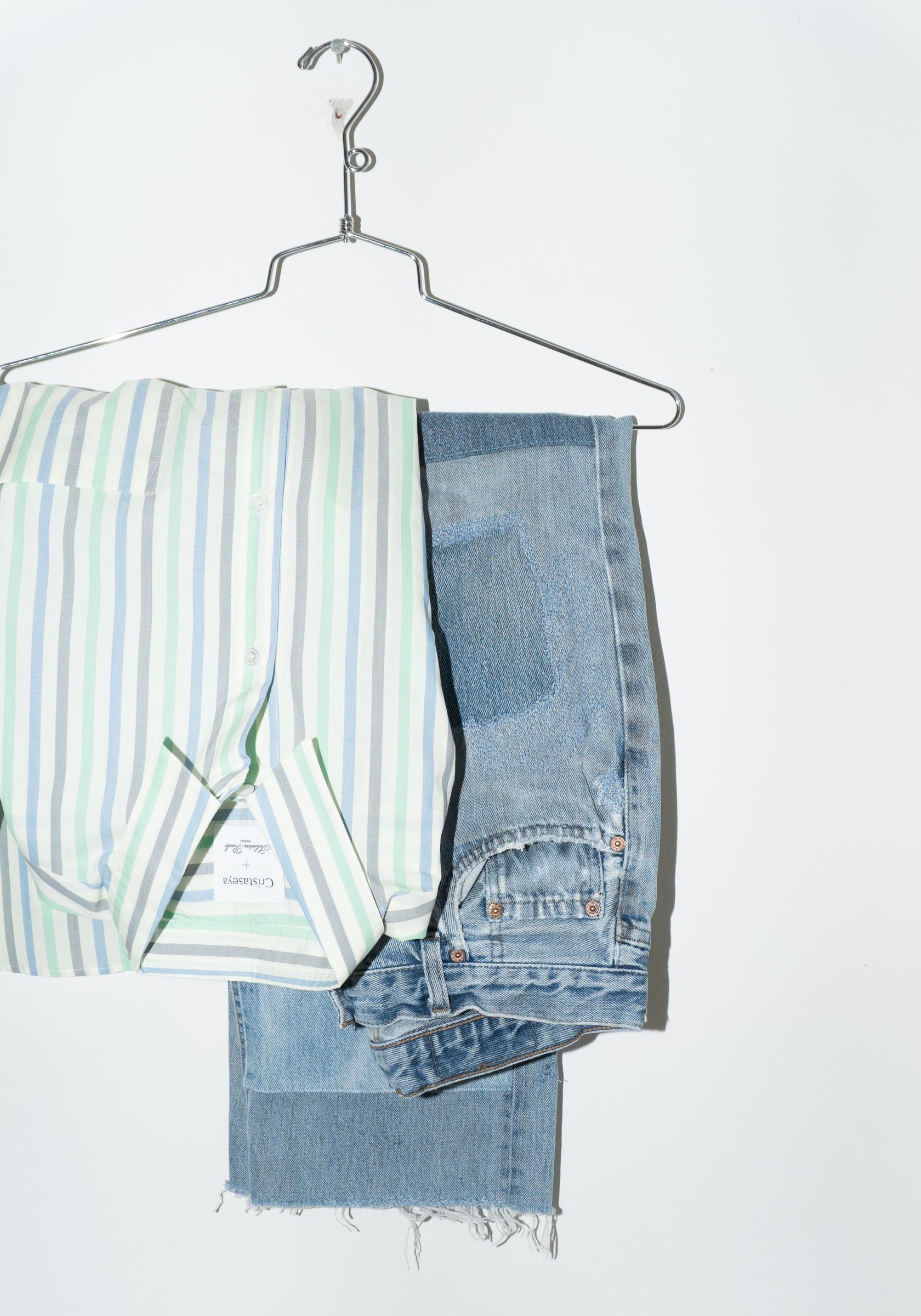 Cristaseya Handmade Classic Collar Shirt in Striped Pastel Green