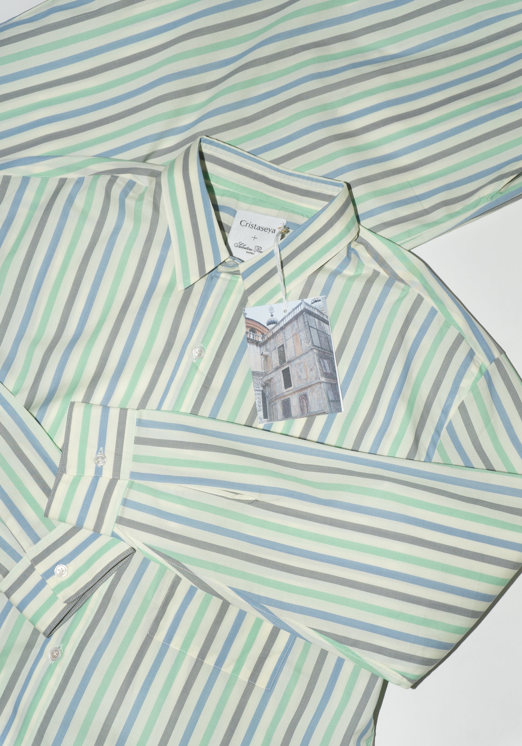 Cristaseya Handmade Classic Collar Shirt in Striped Pastel Green