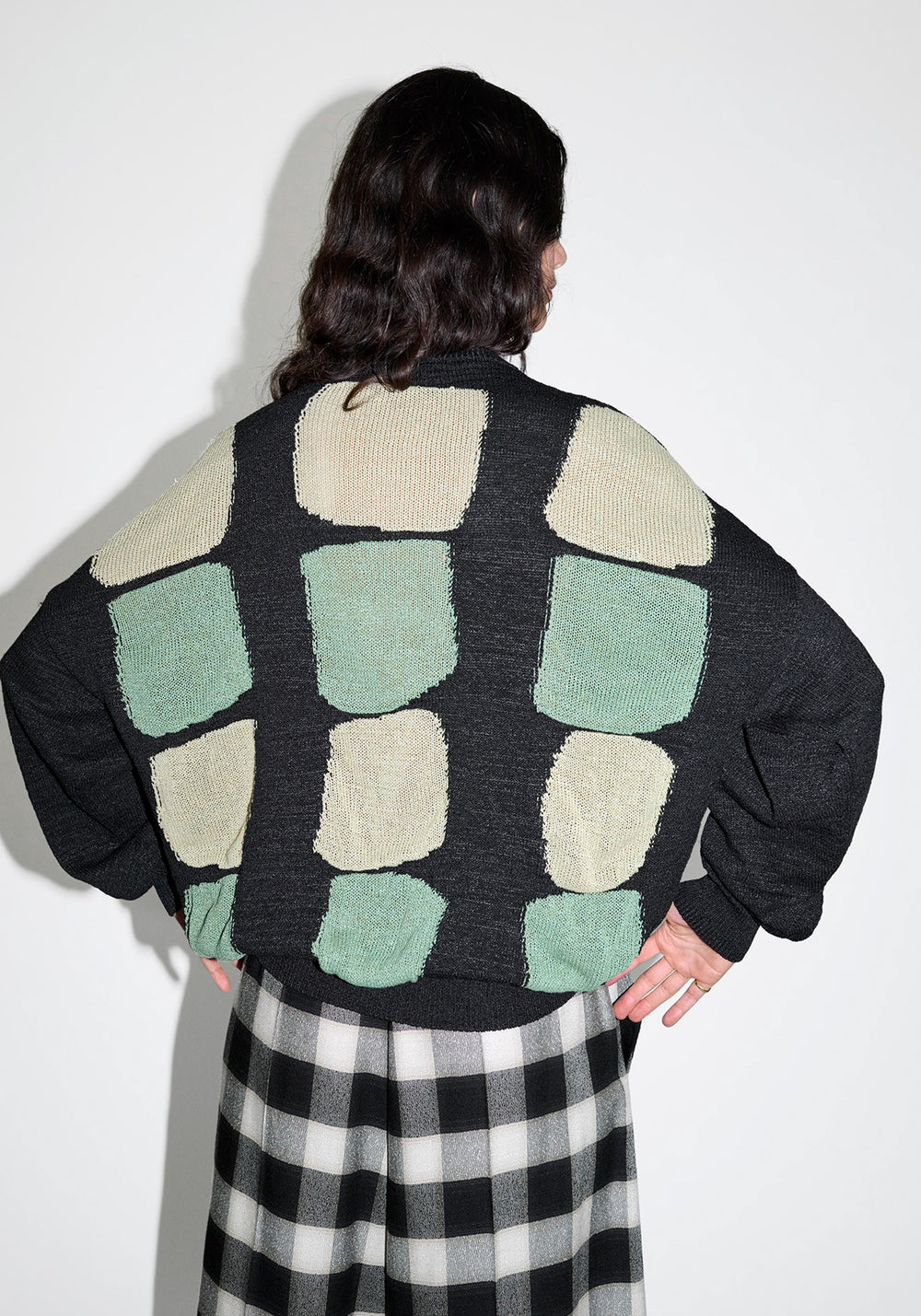 Cristaseya Washi Paper Patchwork Sweater in Black with Sauge and Khaki Patch