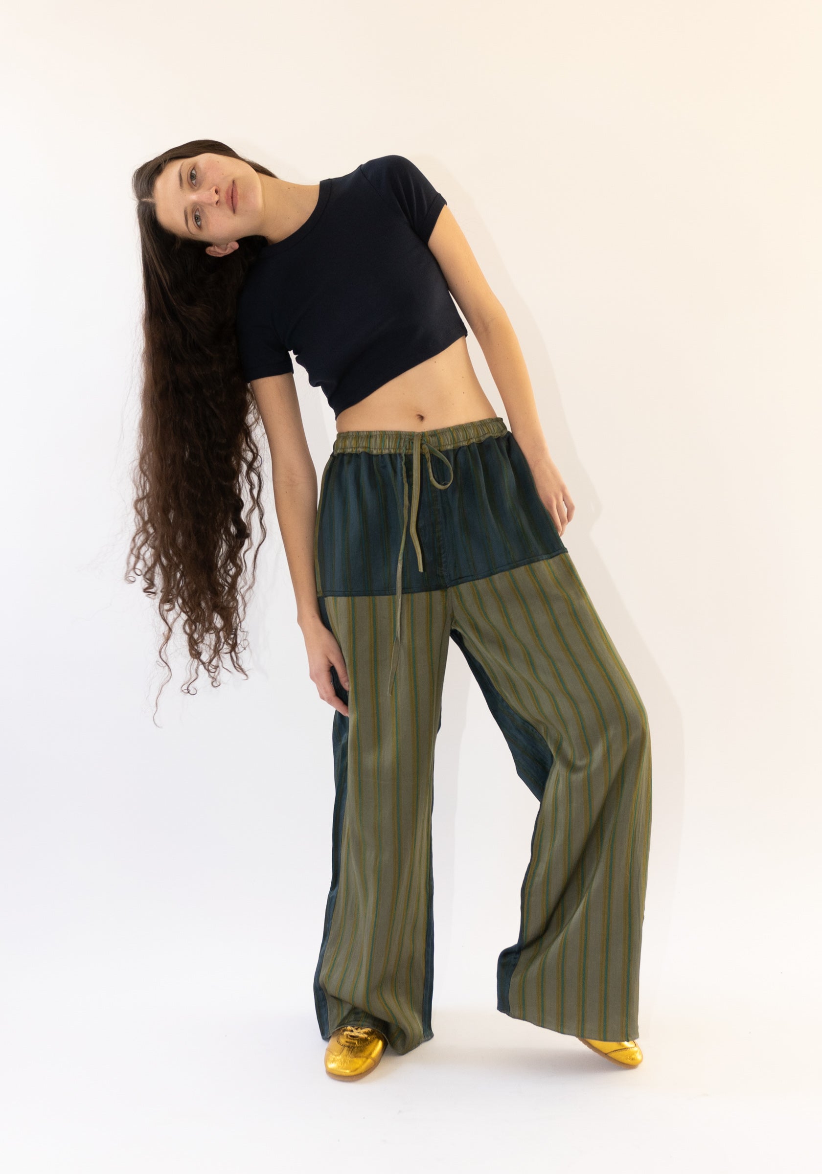 Tigra Tigra Patchwork Stripe Pant in Grey and Blue Stripe