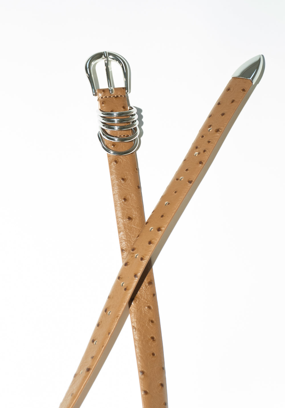 Dehanche Hollyhock Ostrich Belt in Camel with Silver