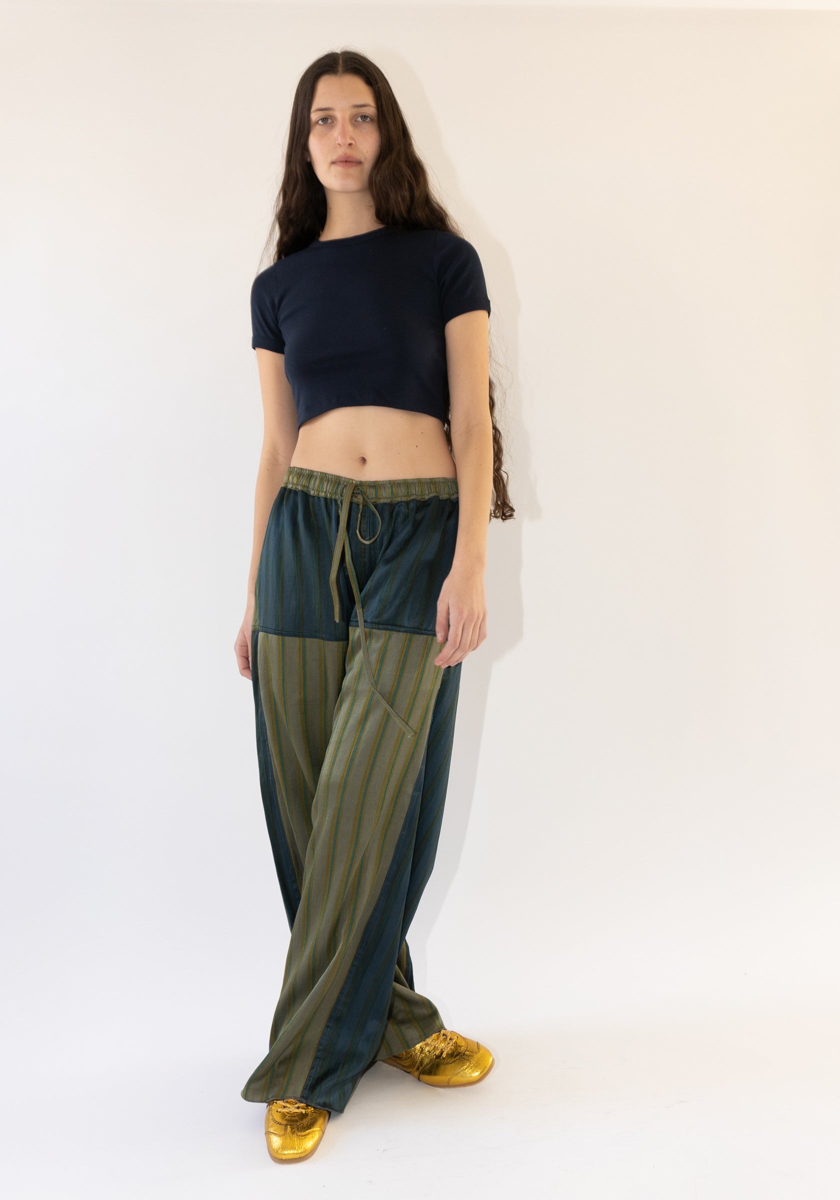 Tigra Tigra Patchwork Stripe Pant in Grey and Blue Stripe