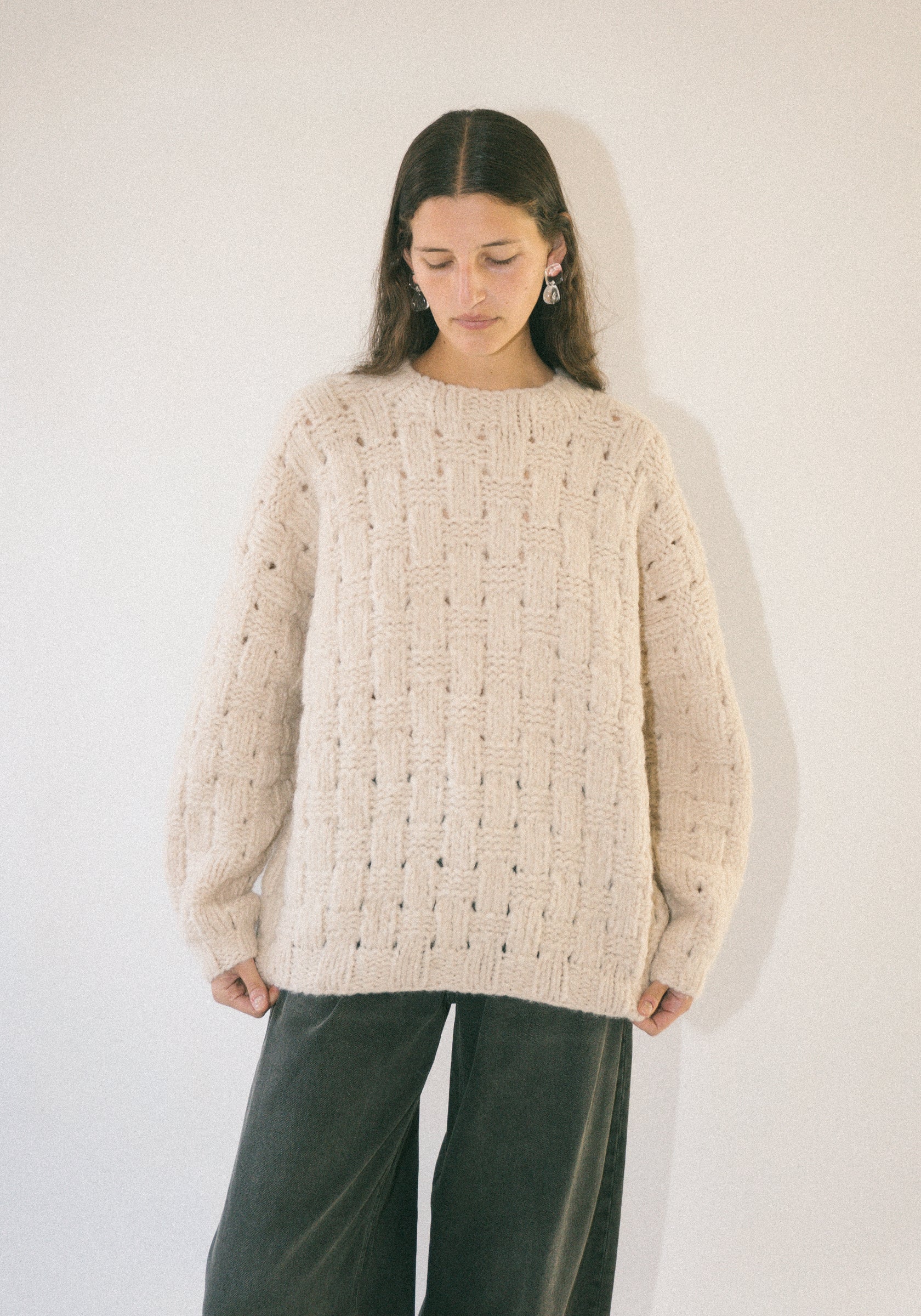 Handknit Interlace Pullover in Alabaster