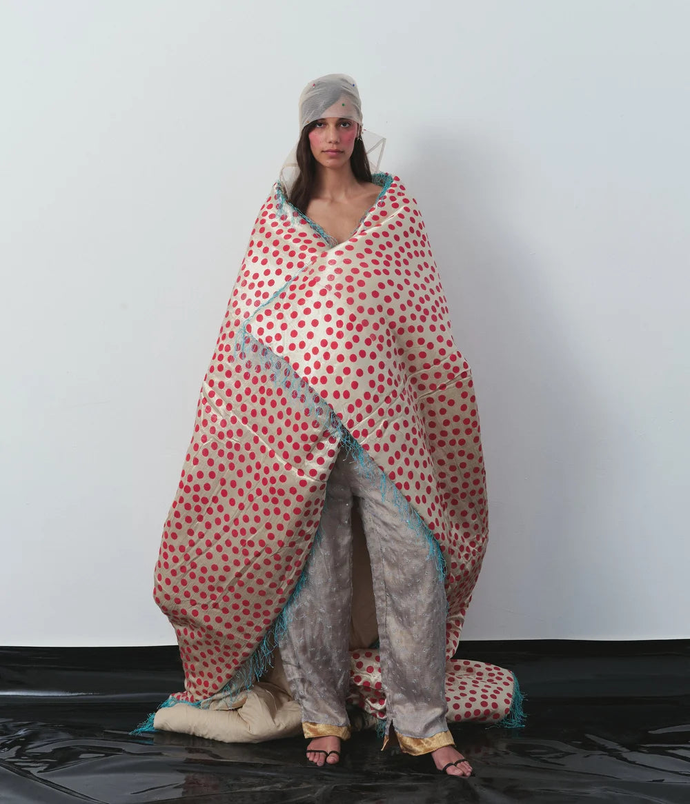 Tigra Tigra Blockprint Dot Puffy Quilt with Fringe in Cream and Red