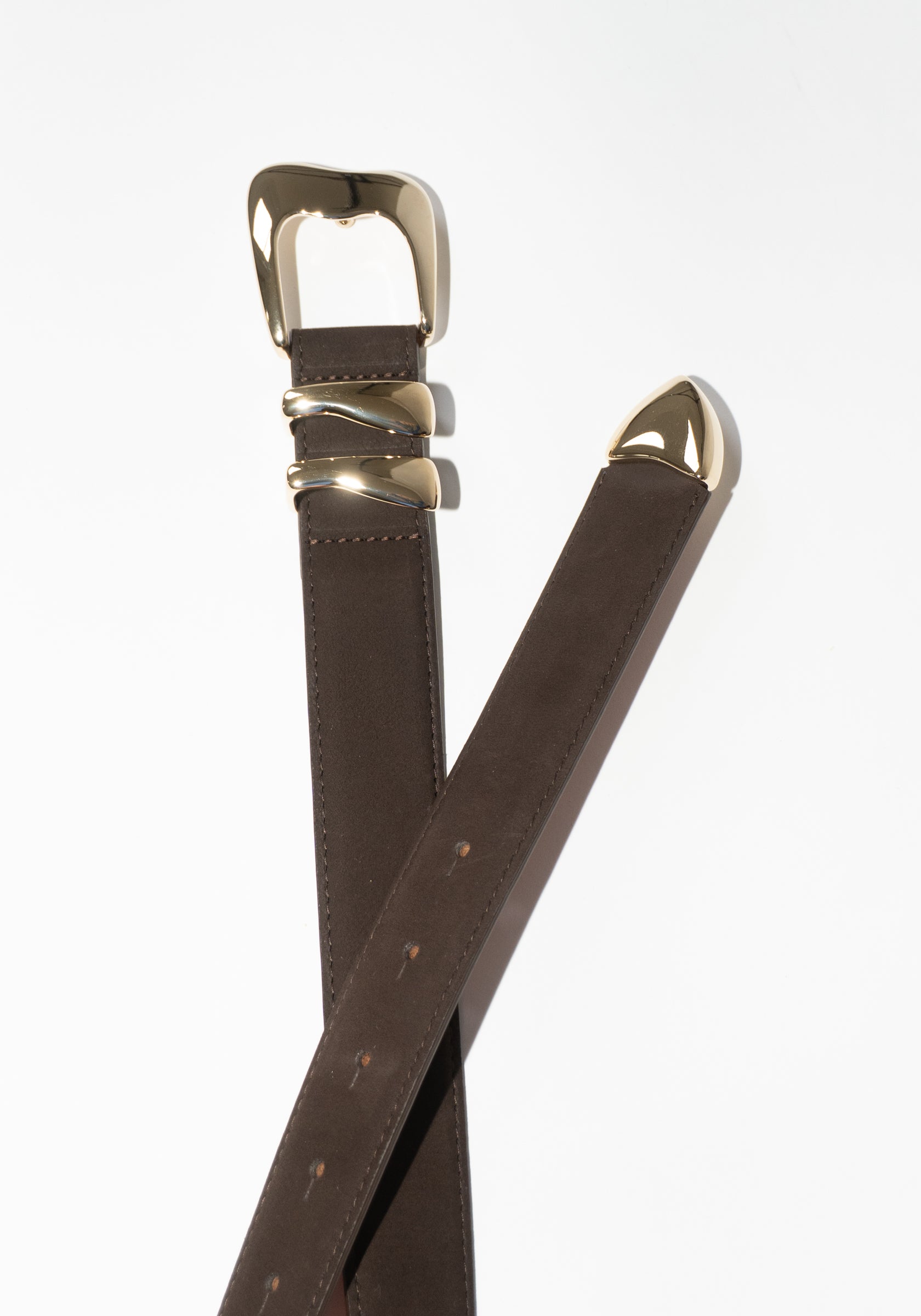 Maison Boinet Capucine Suede Brass Buckle Belt in Brown