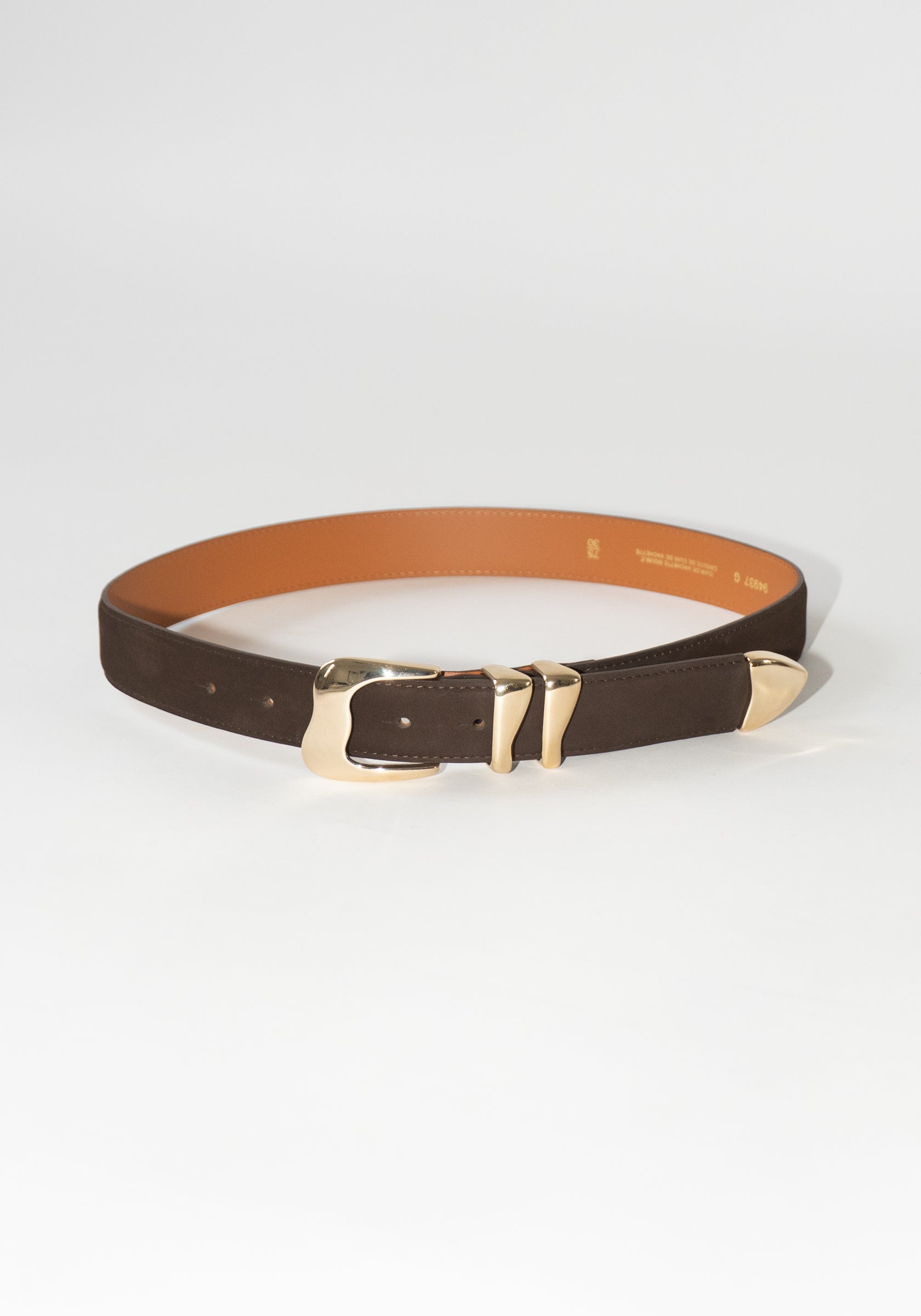 Maison Boinet Capucine Suede Brass Buckle Belt in Brown