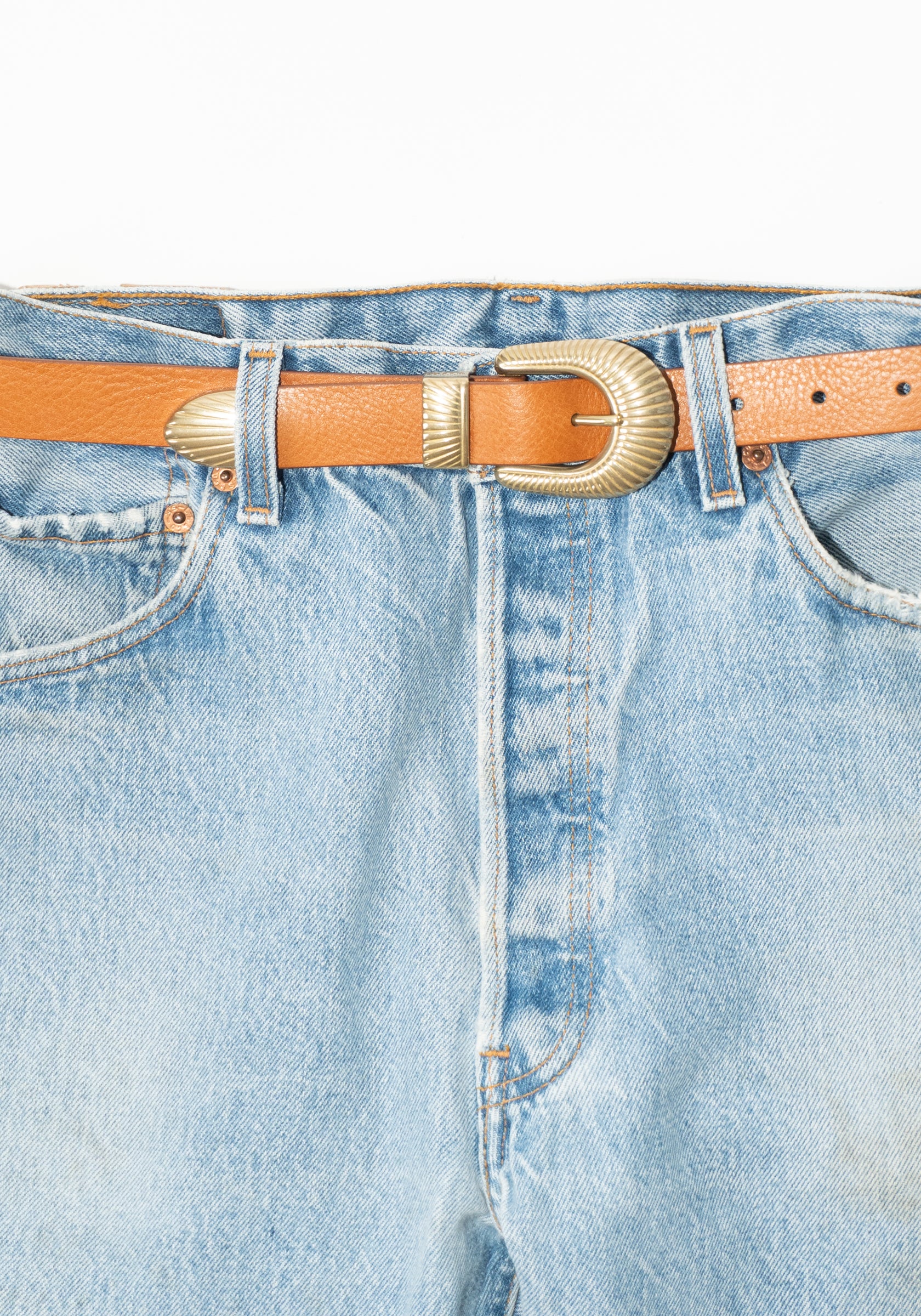Maison Boinet Western Brass Buckle Leather Belt in Camel