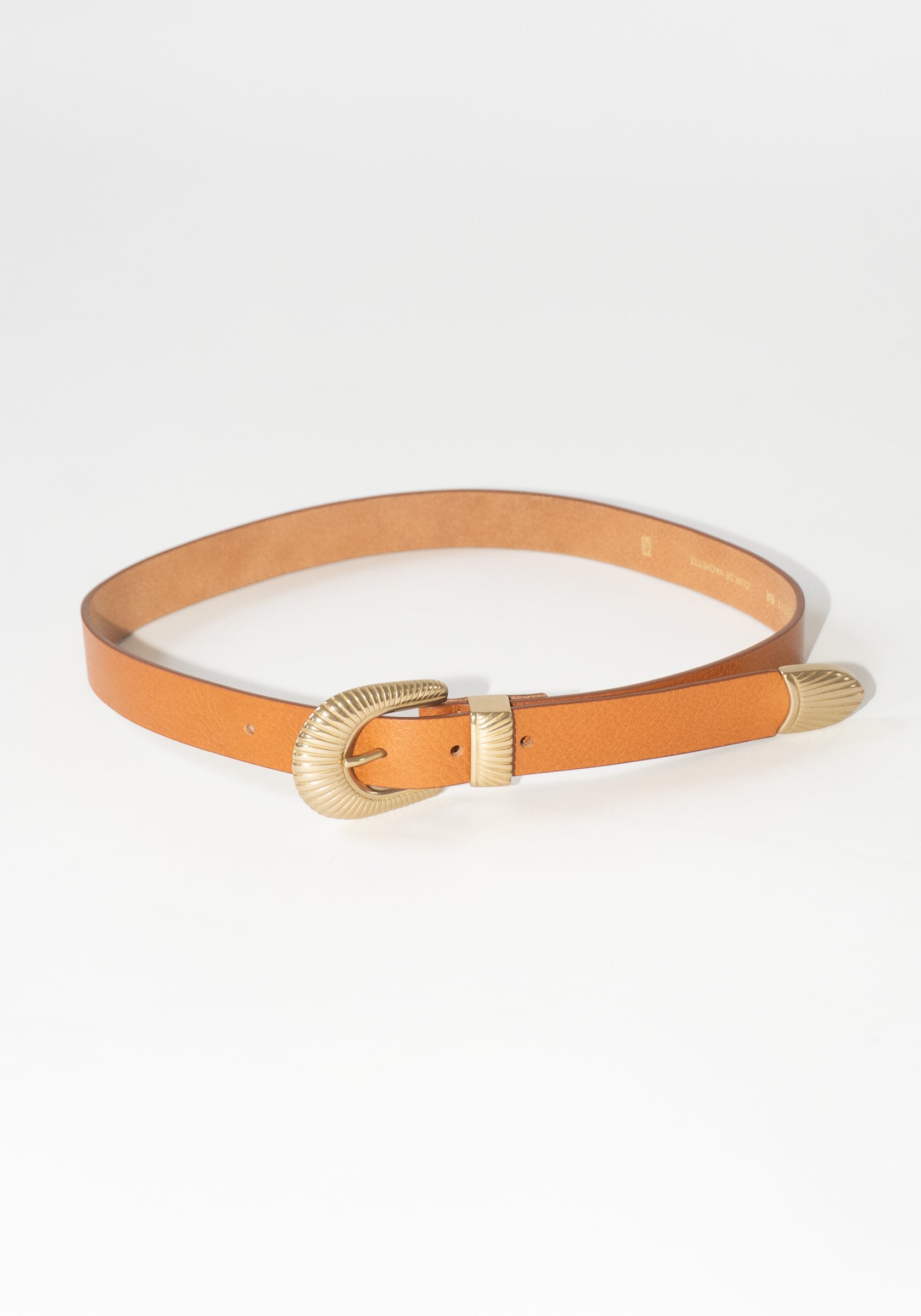 Maison Boinet Western Brass Buckle Leather Belt in Camel