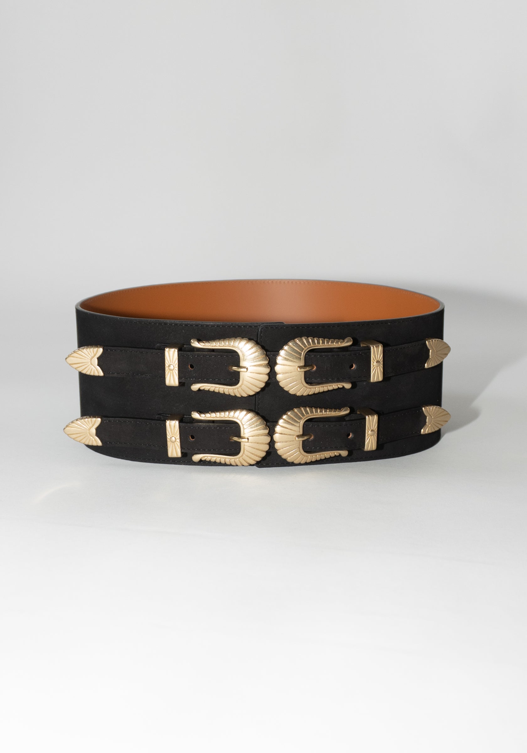 Maison Boinet Western Double Buckle Suede Belt in Black