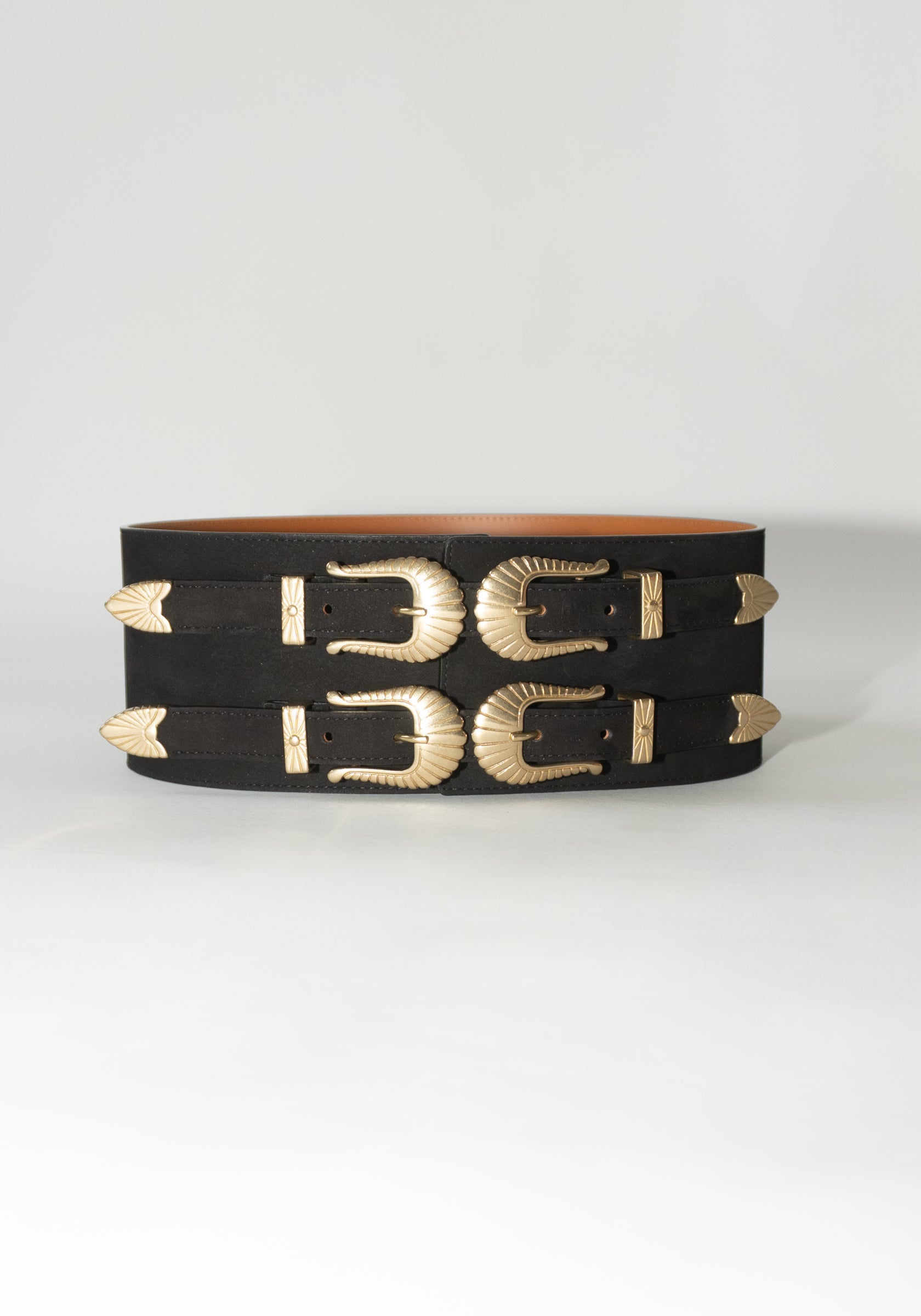 Maison Boinet Western Double Buckle Suede Belt in Black